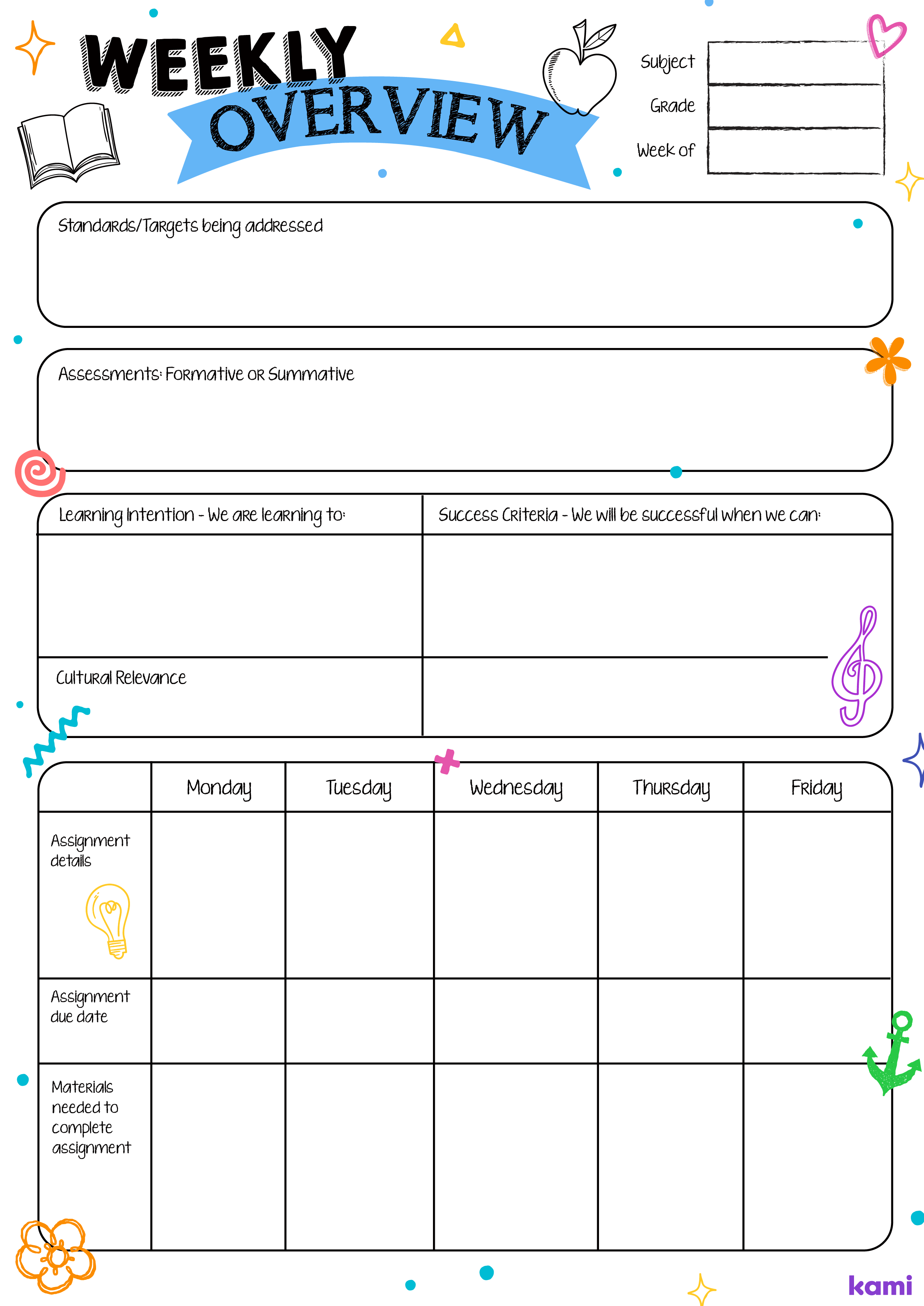 A Weekly Overview Lesson Plan for Teachers with a White Doodles Theme