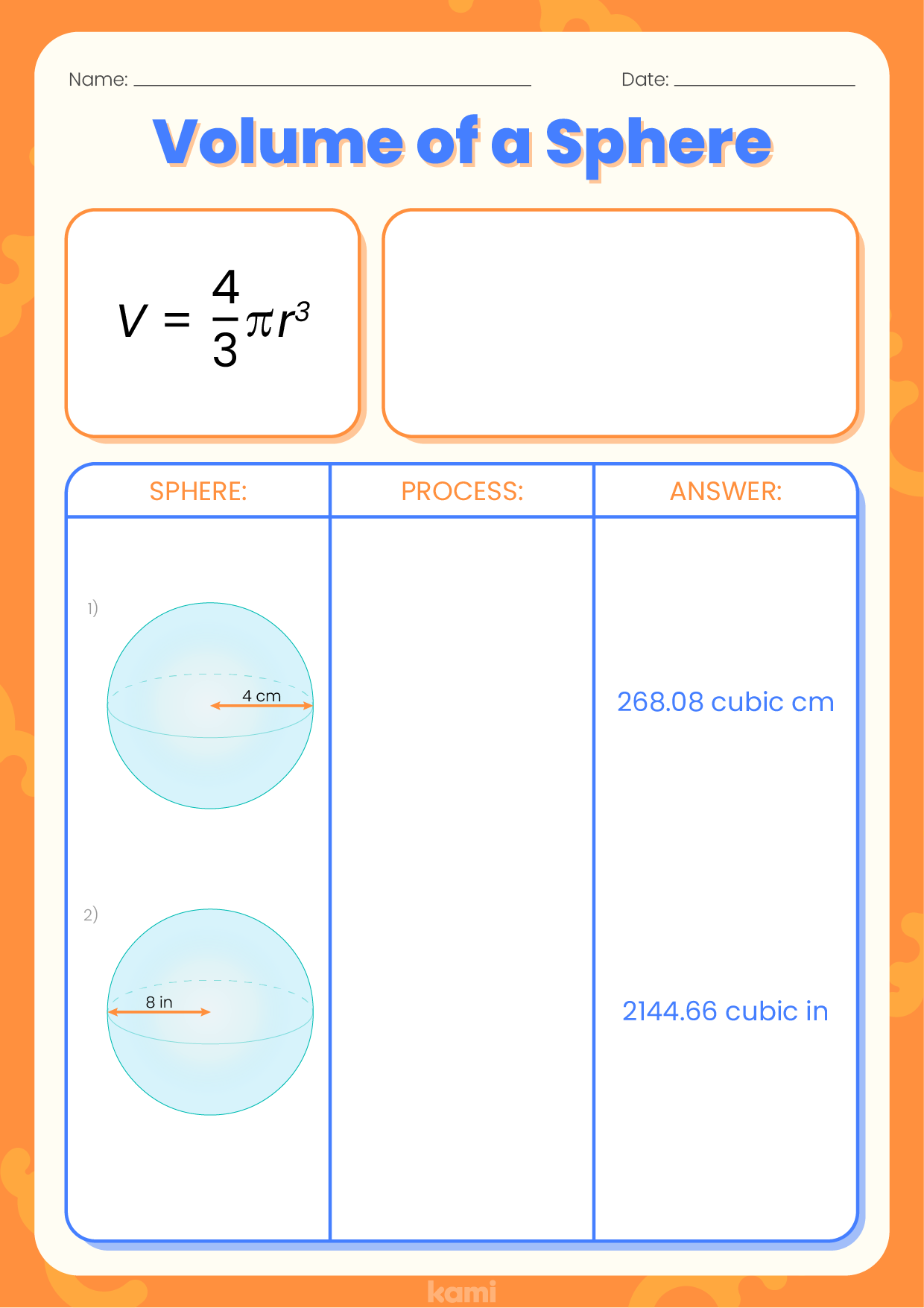 A volume of a sphere worksheet for 6th-12th graders with a answer key to check your answers.