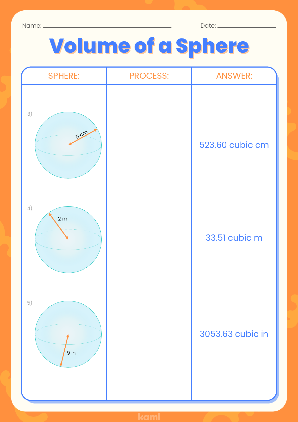 A volume of a sphere worksheet for 6th-12th graders with a answer key.