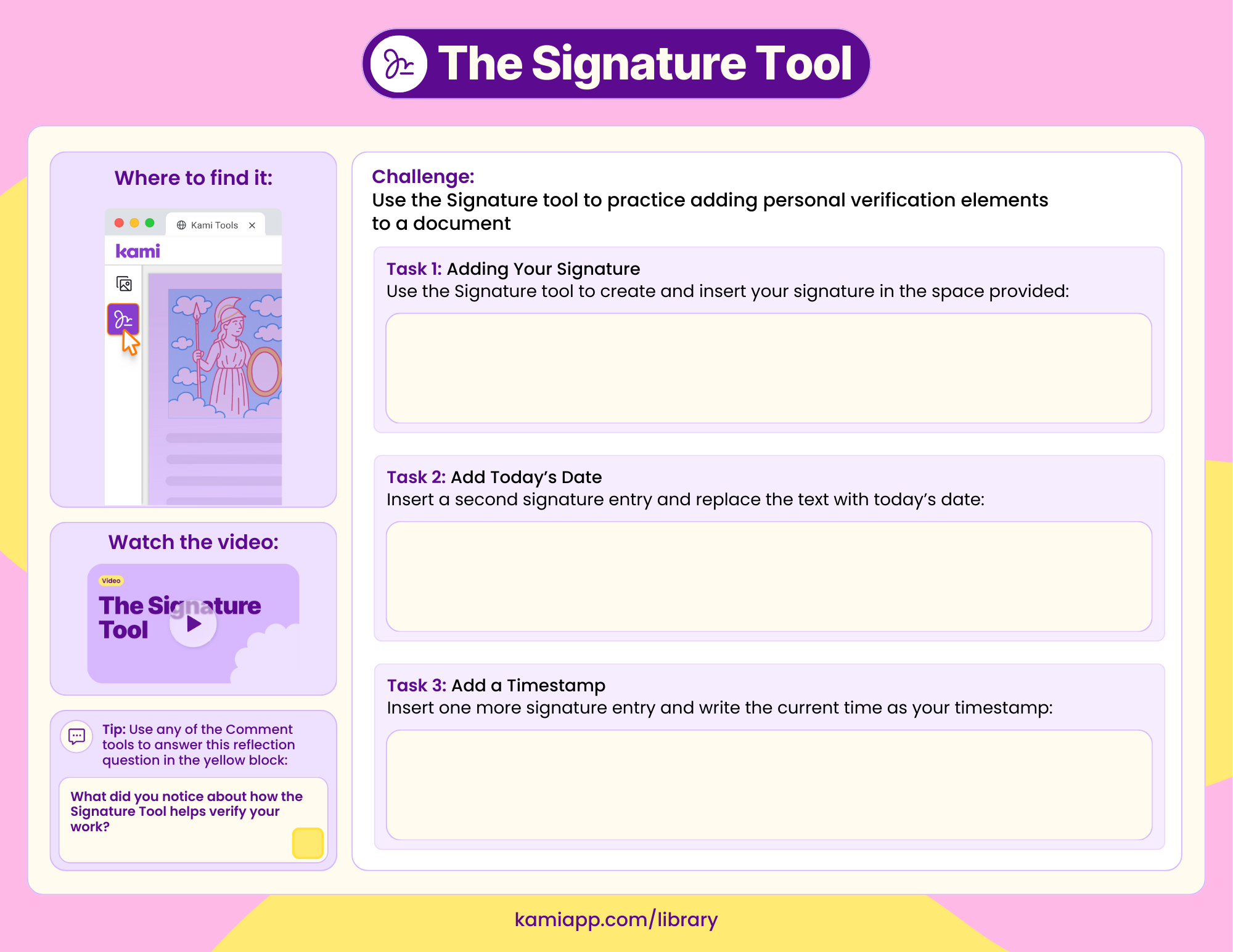 A worksheet with three tasks: create and insert a signature, add today’s date, and add a timestamp, each with empty boxes for placing entries and a reflection prompt.