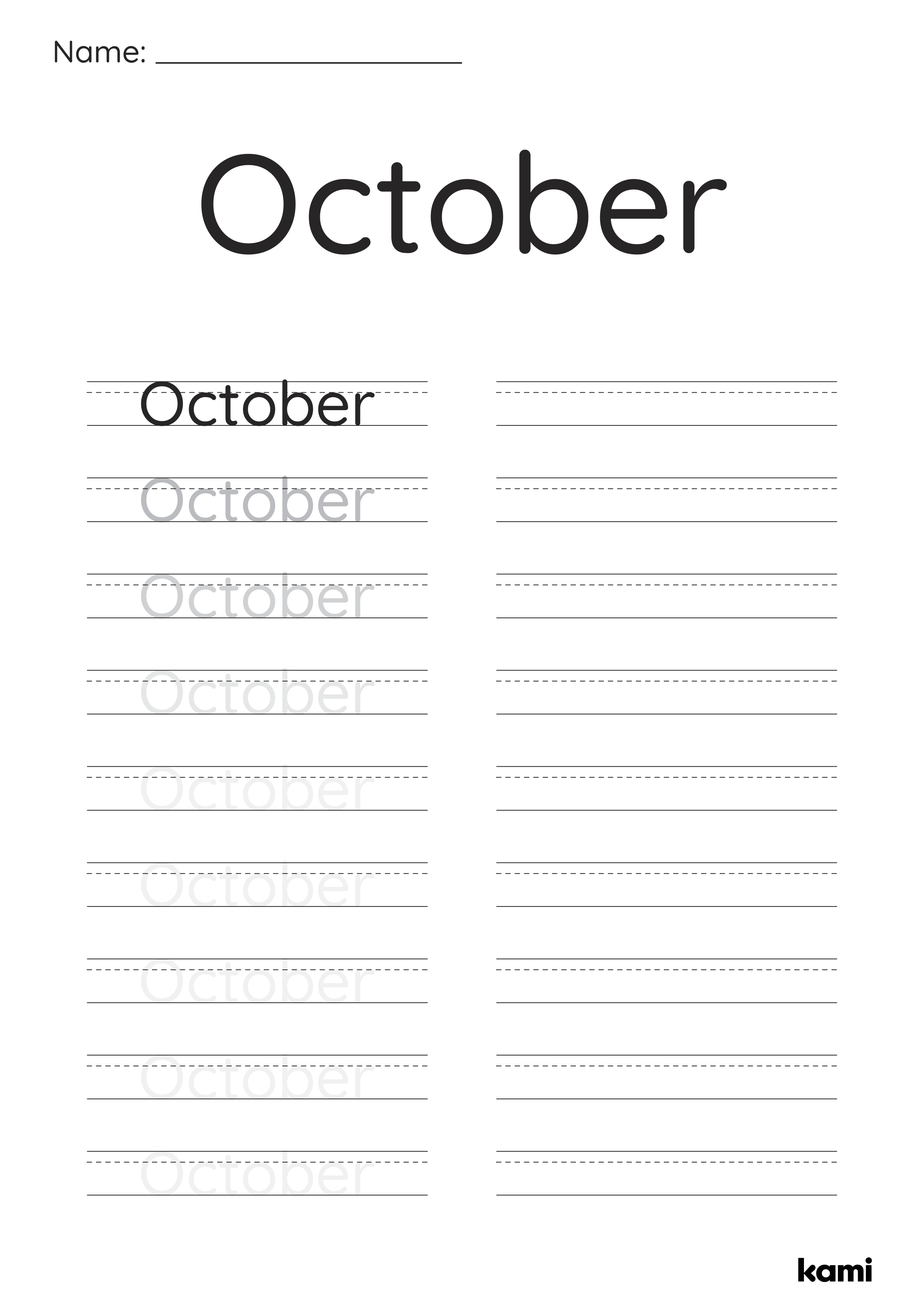 A handwriting columns worksheet for Pre-K - 1st graders with a months of the year exercise