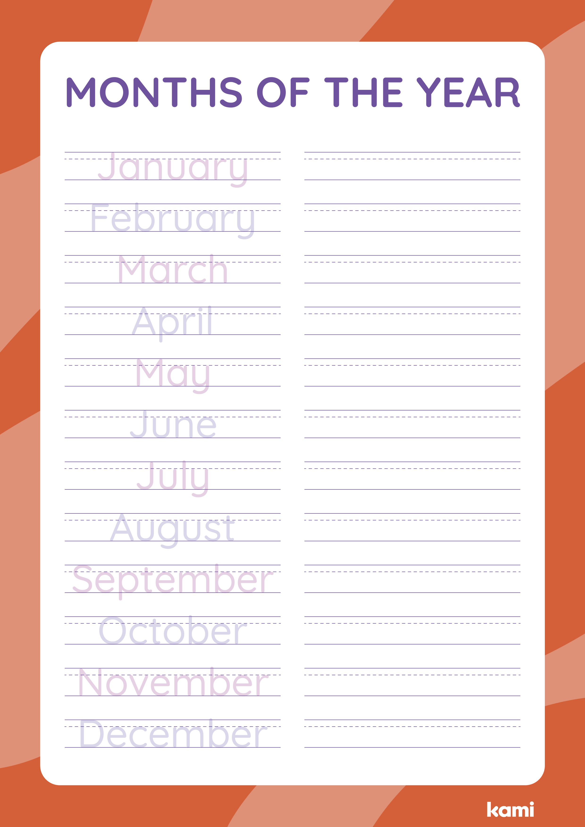 A handwriting columns worksheet for Pre-K - 1st graders with a months of the year theme