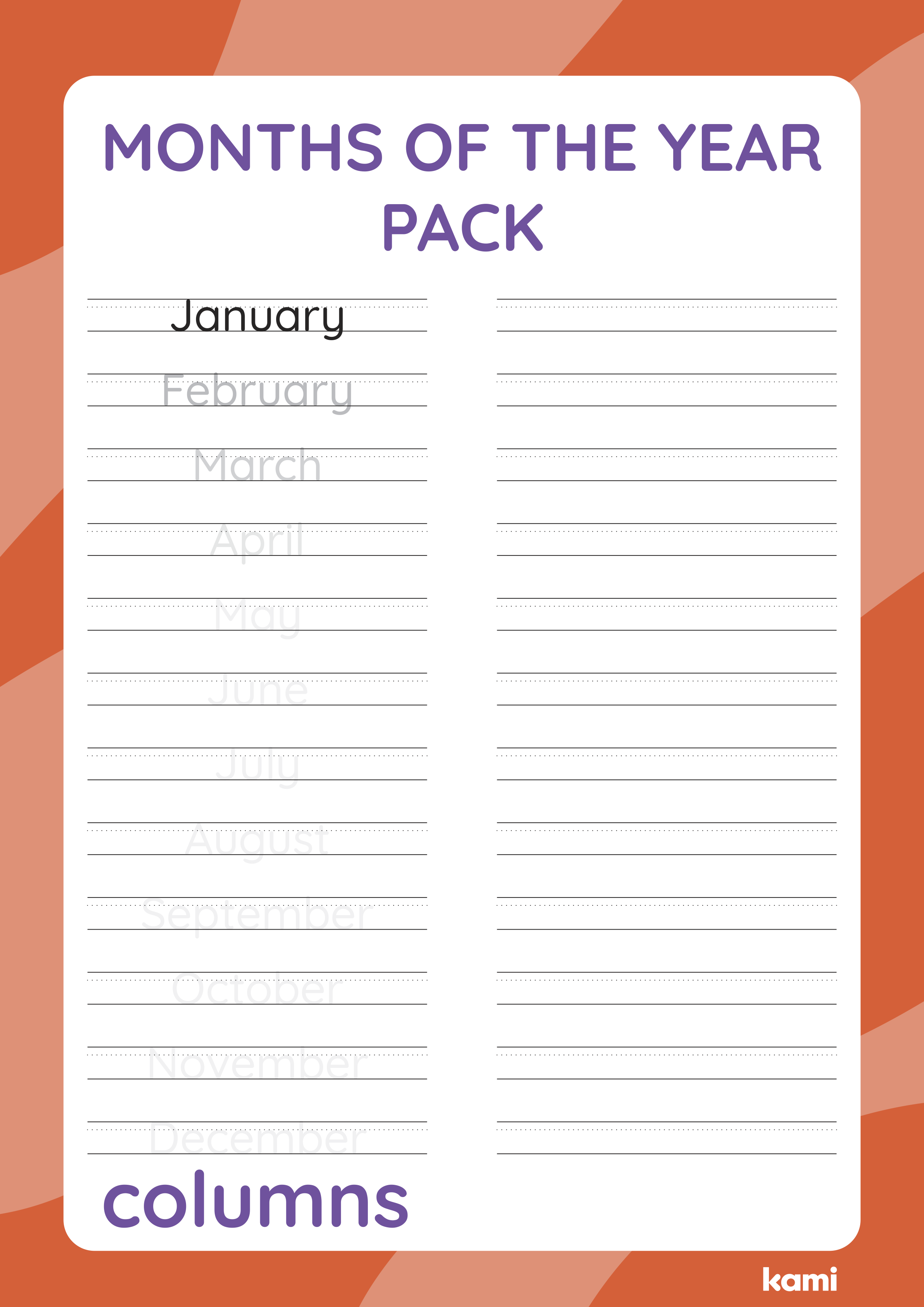 A months handwriting pack for Pre-K - 1st graders with a two column design