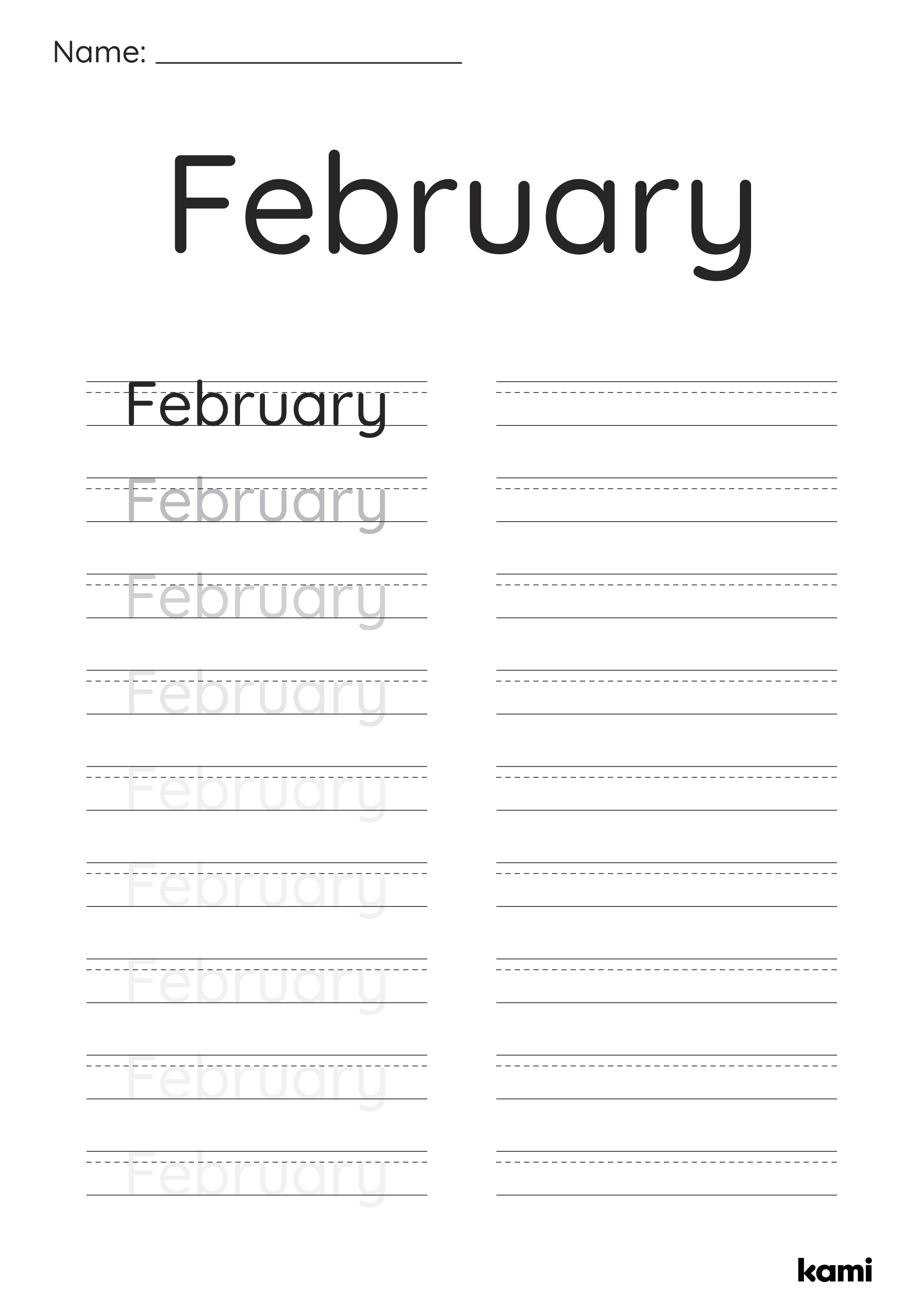 A handwriting columns worksheet for Pre-K - 1st graders with a months of the year theme