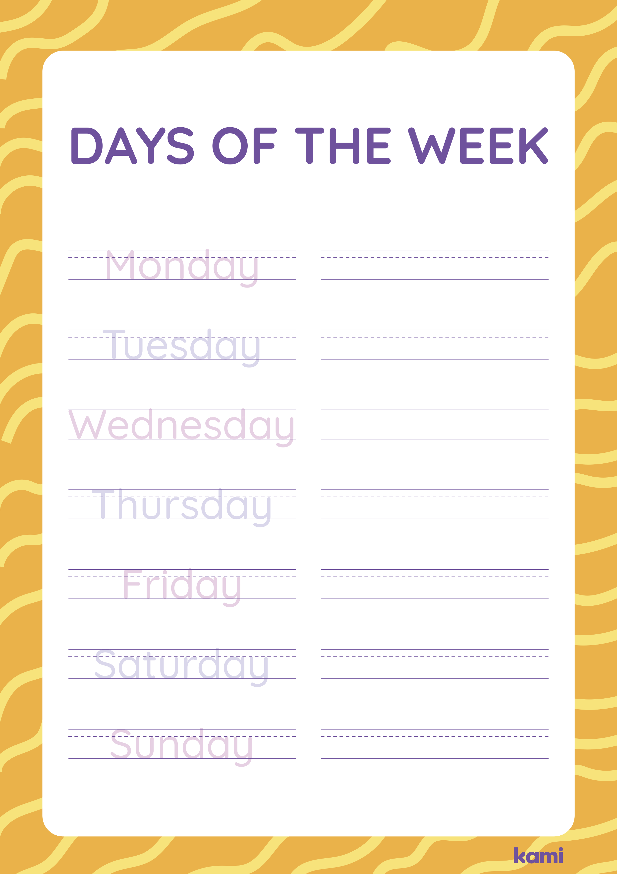 A handwriting worksheet for Pre-K - 1st graders with a days of the week design