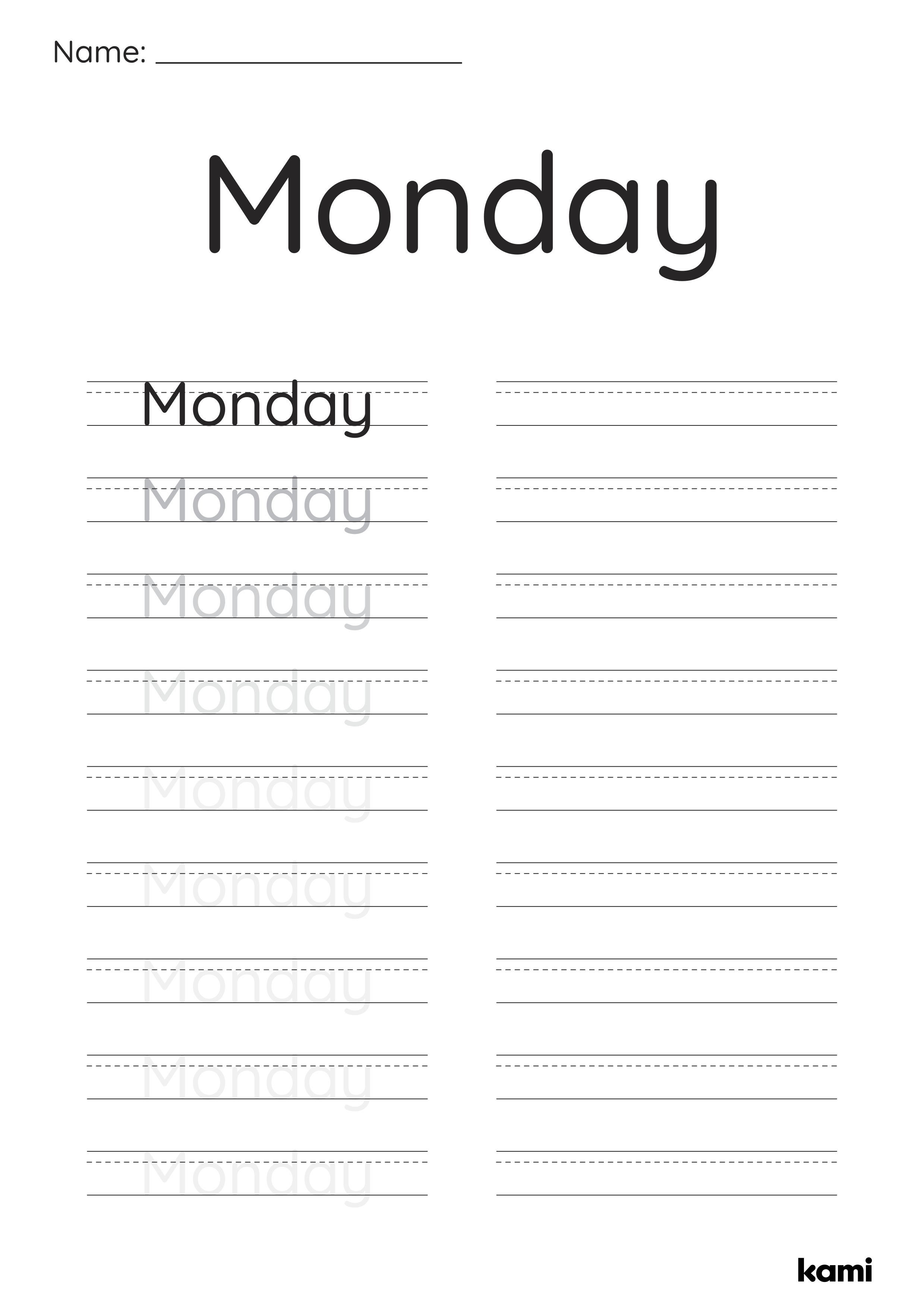 A handwriting columns worksheet for Pre-K - 1st graders with a days of the week design