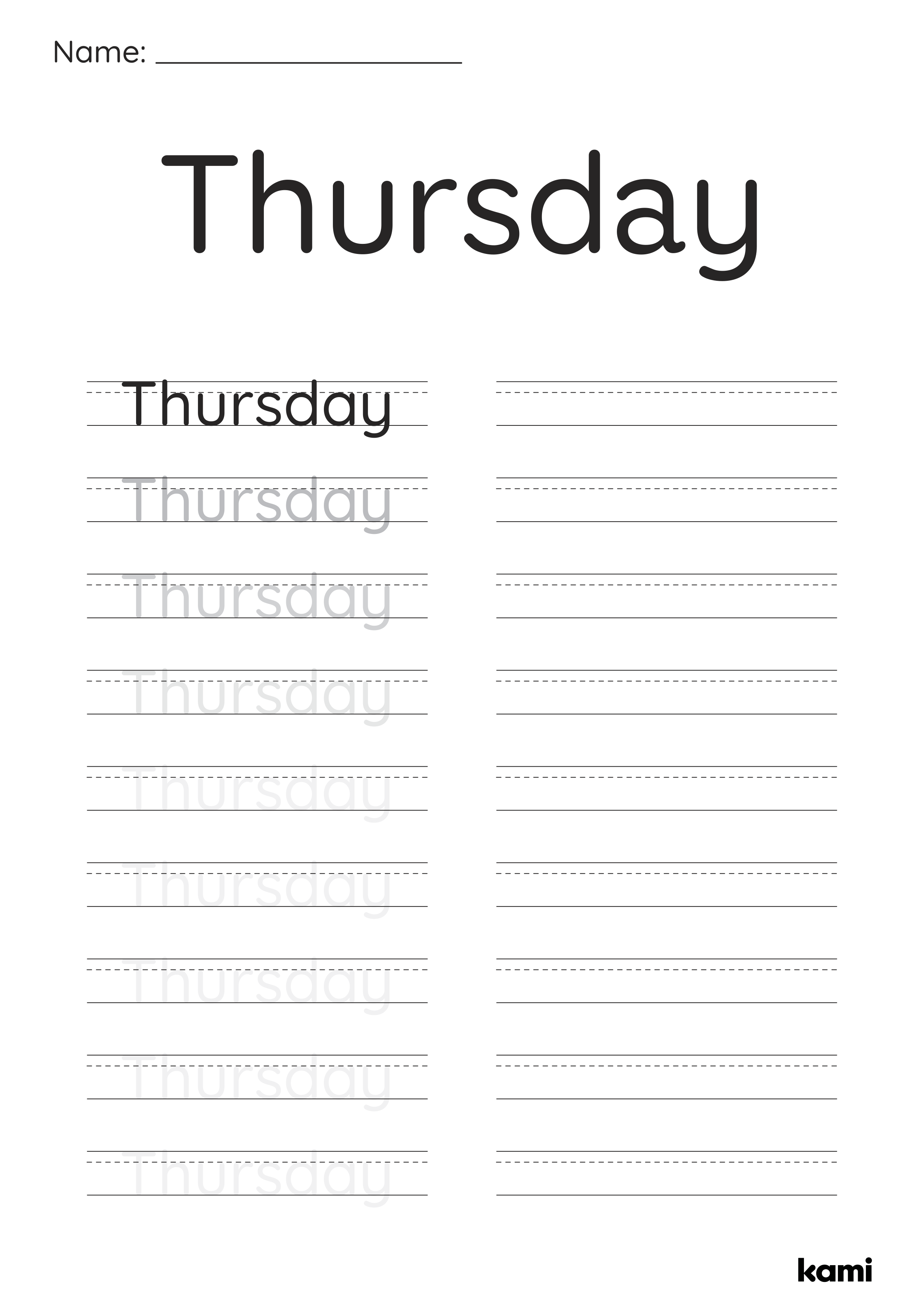 A handwriting columns worksheet for Pre-K - 1st graders with a days of the week design