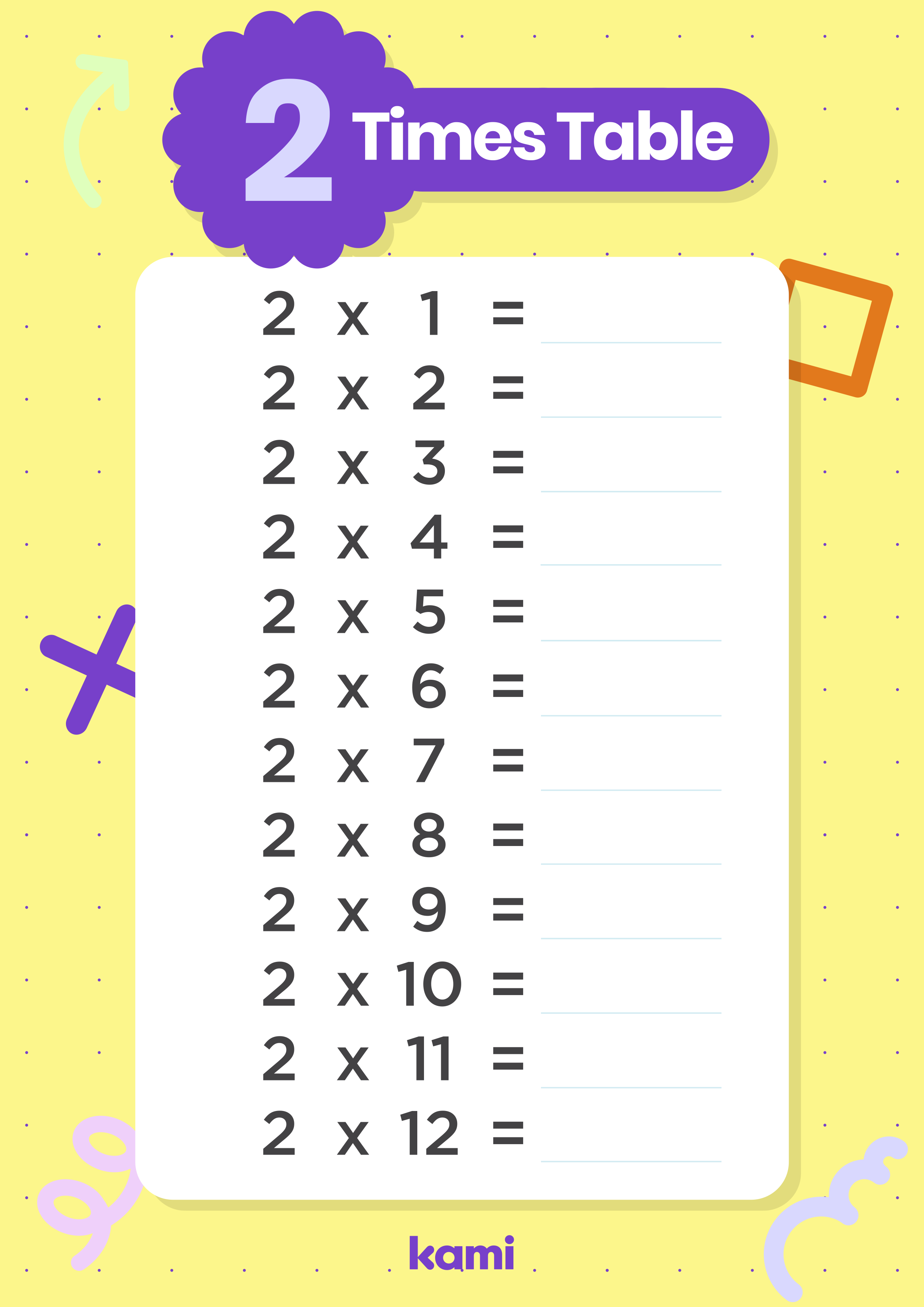 A multiplication worksheet for 2nd-6th graders with a 2x times table exercise