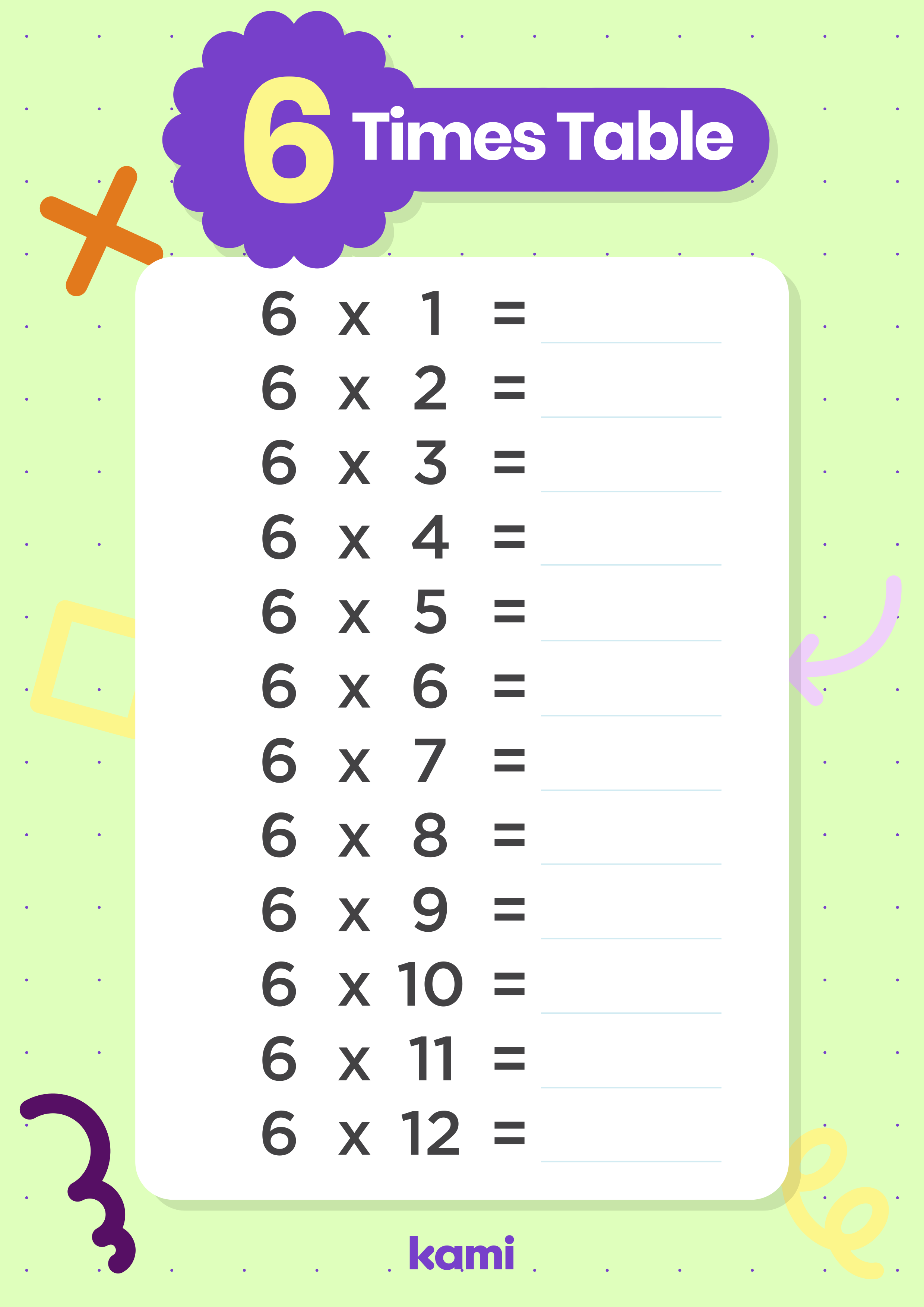 A multiplication worksheet for 2nd-6th graders with a 6x times table design