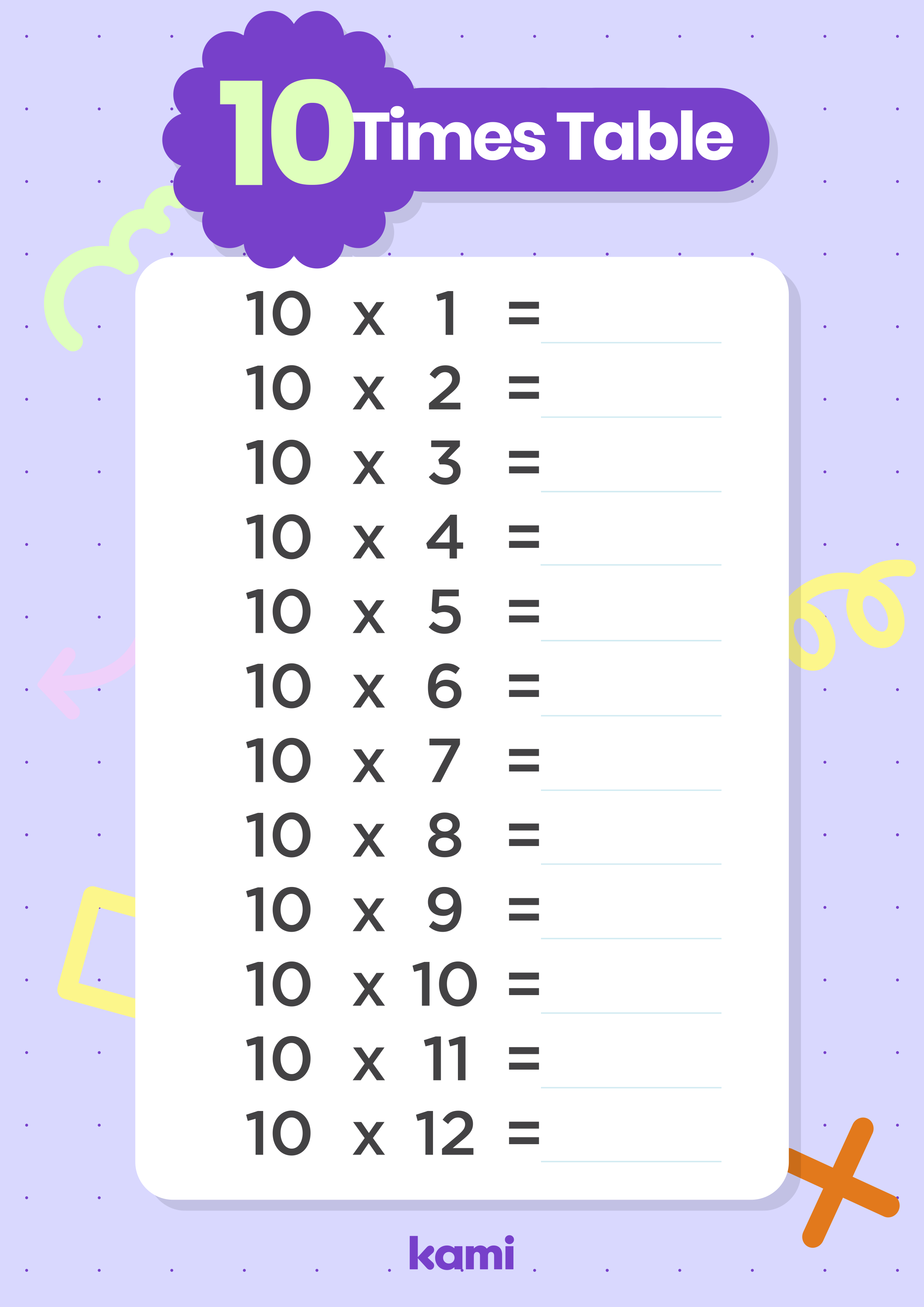 A multiplication worksheet pack for 2nd-6th graders with a 10x times table exercise