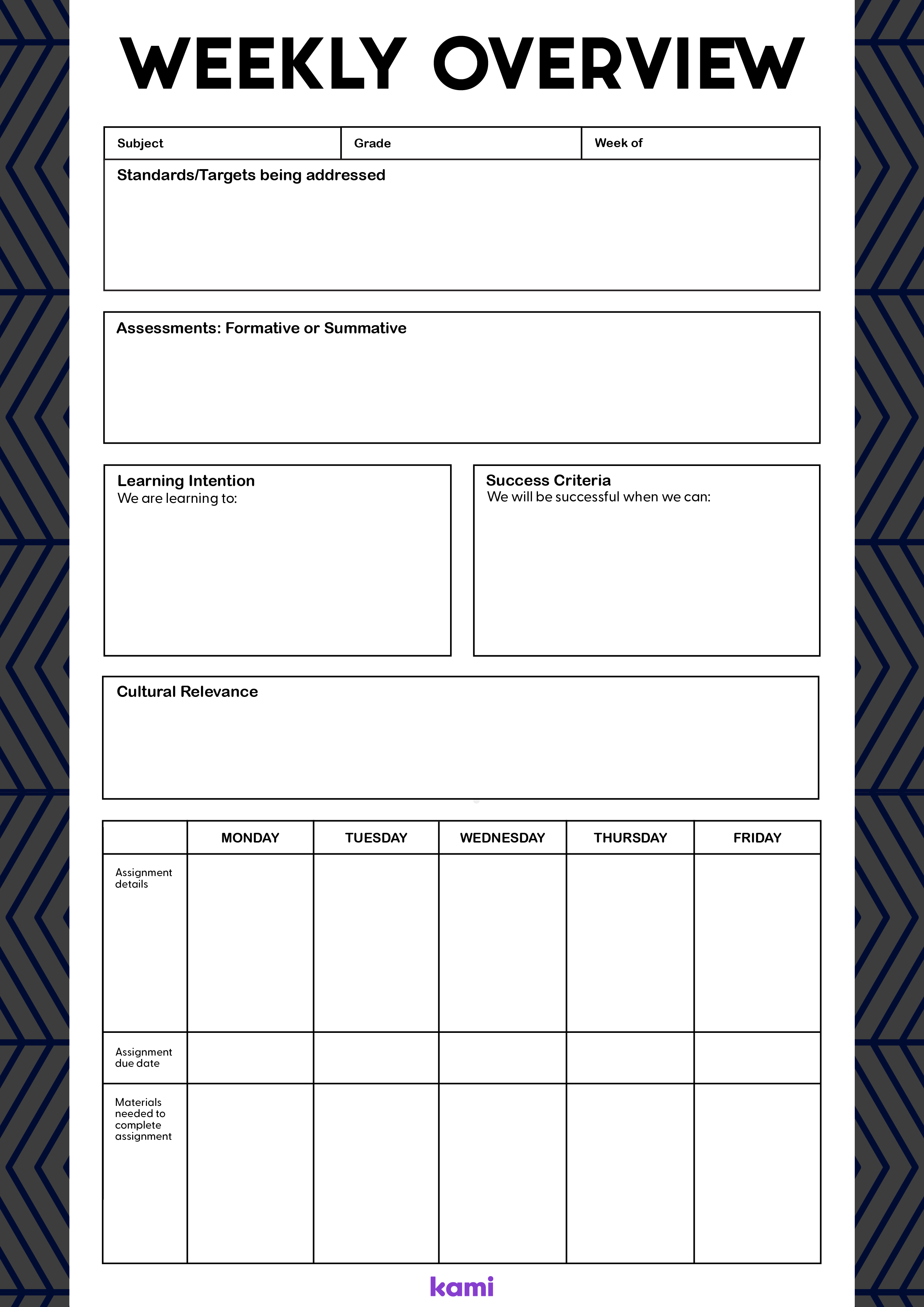 A Weekly Overview Lesson Plan for Teachers with a Geometric