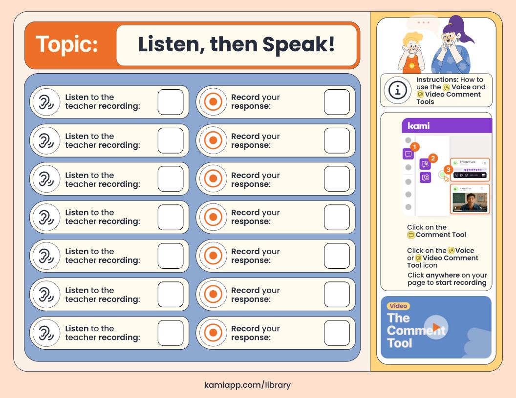 “Listen, then Speak!” page with multiple repeated rows: “Listen to the teacher recording” and “Record your response,” plus a sidebar showing how to start a voice or video comment.