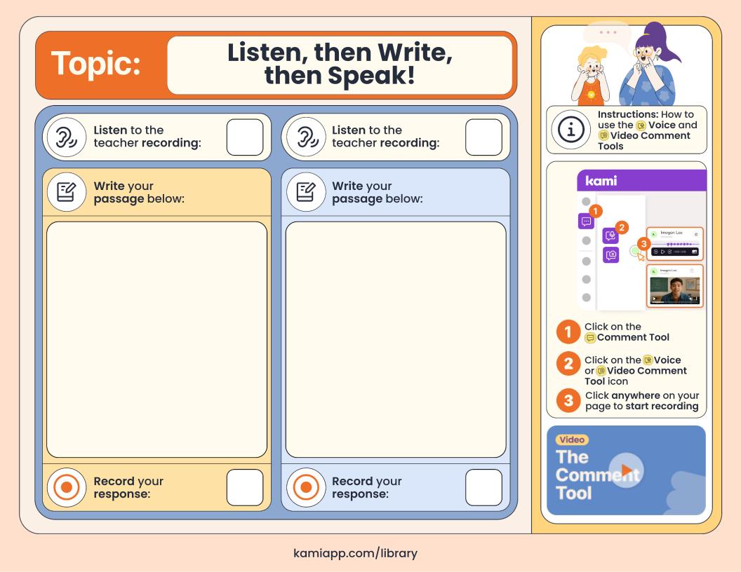 “Listen, then Write, then Speak!” page with two parallel sets of prompts: listen to teacher recording, write passage, then record response. Sidebar includes voice/video comment steps.