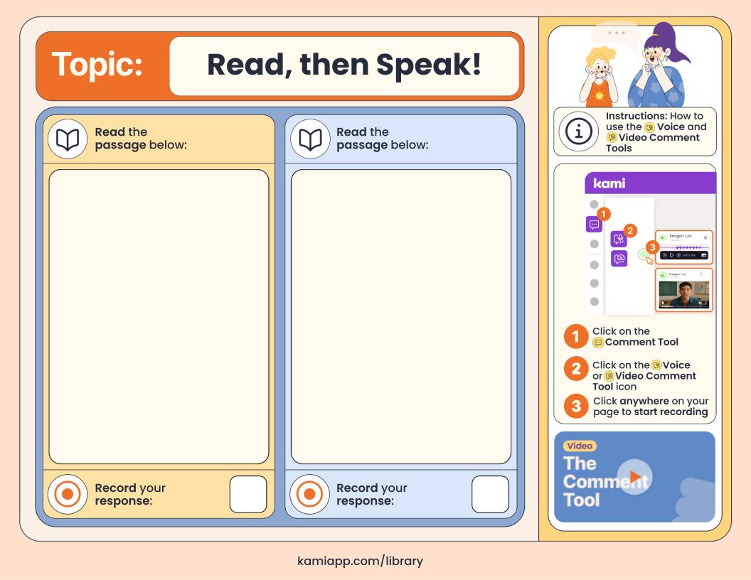 “Read, then Speak!” page with two reading passage boxes and two “Record your response” areas for audio responses. Sidebar includes voice/video comment steps. 