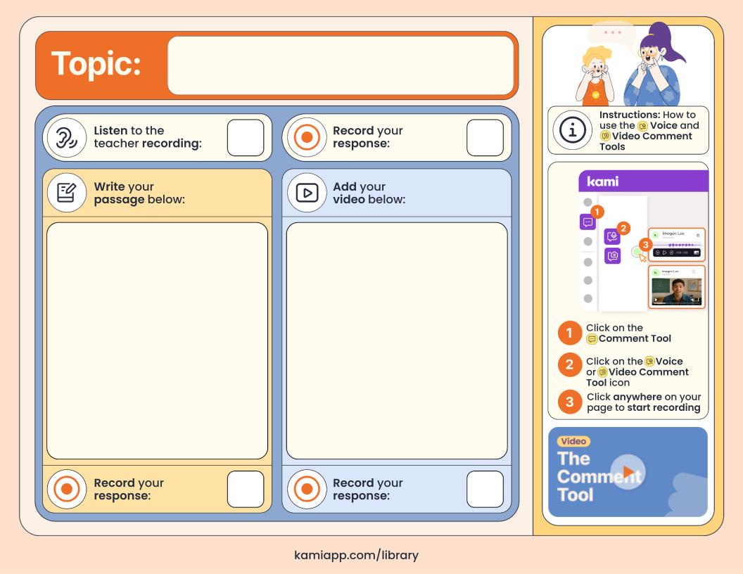 Practice page with a “Topic” line and four response areas: listen to teacher recording, record a response, write a passage, and add a video. Right sidebar shows steps for using Voice and Video Comment tools.