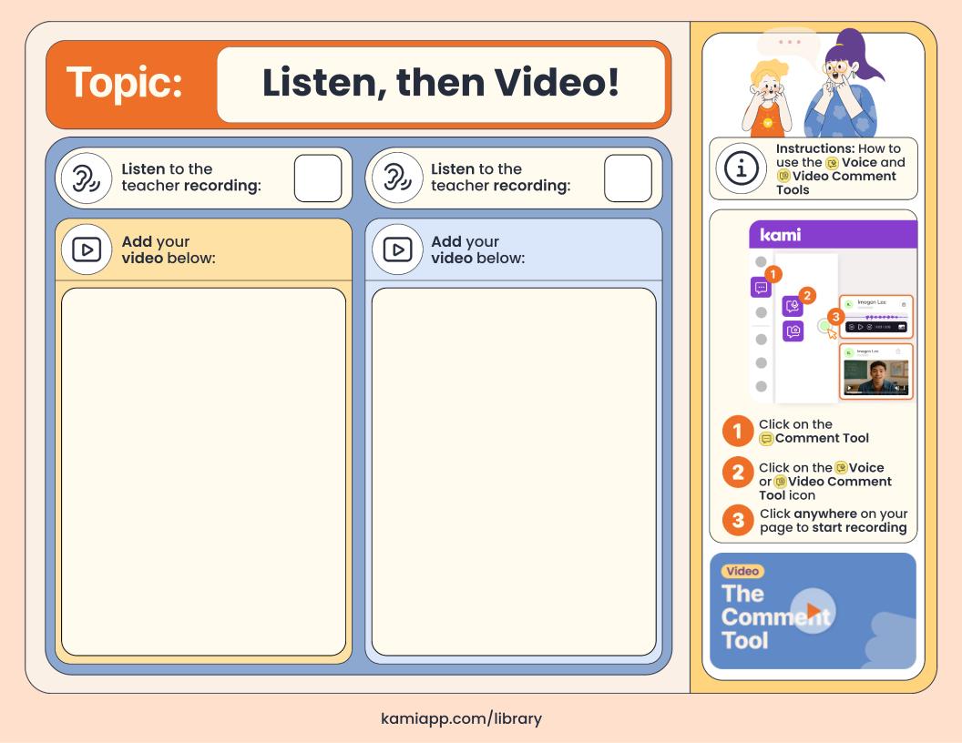 “Listen, then Video!” page with two columns: listen to teacher recording and add your video below. Sidebar includes voice/video comment steps. 