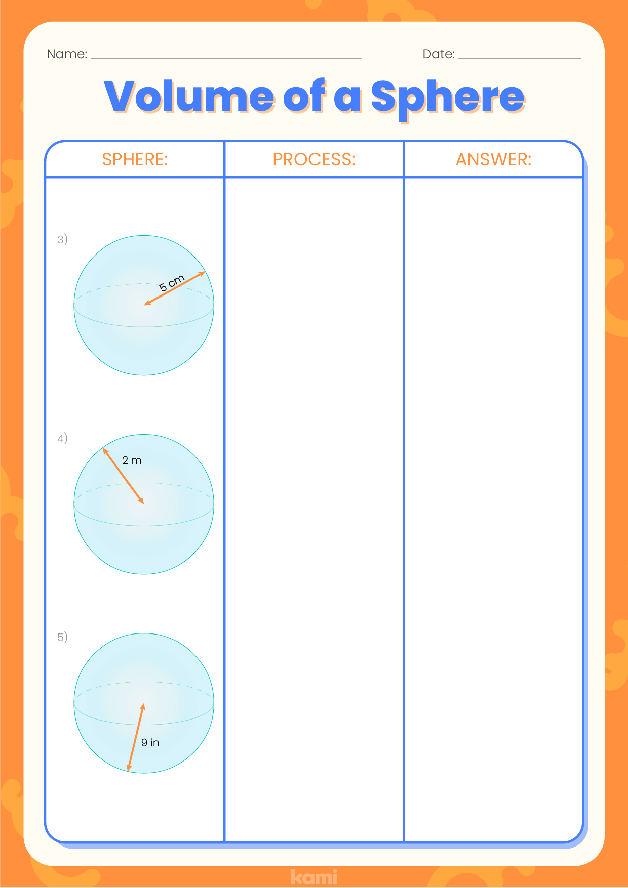 A volume of a sphere worksheet for learning volumes with a section to practice and show your thinking.