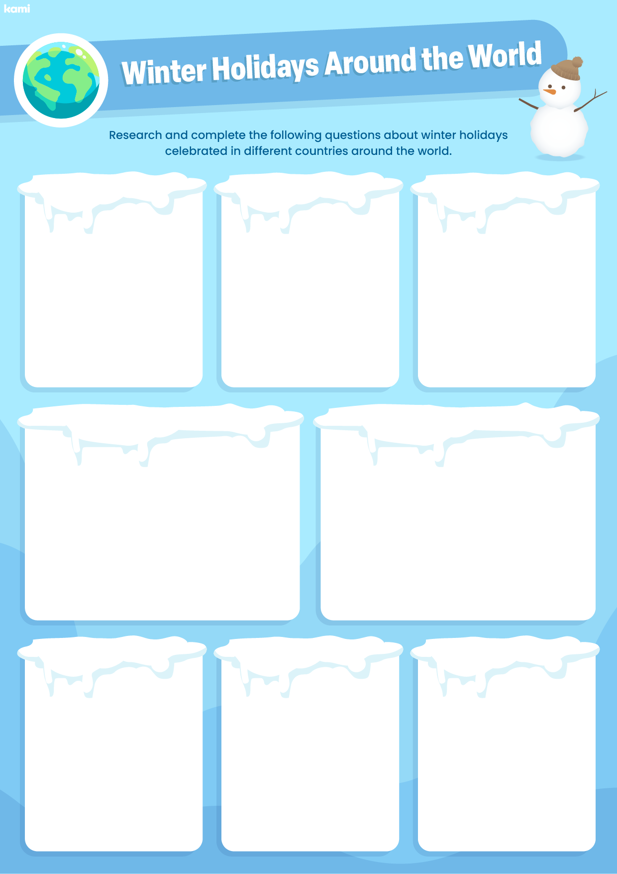 A worksheet for researching holidays with a winter theme.