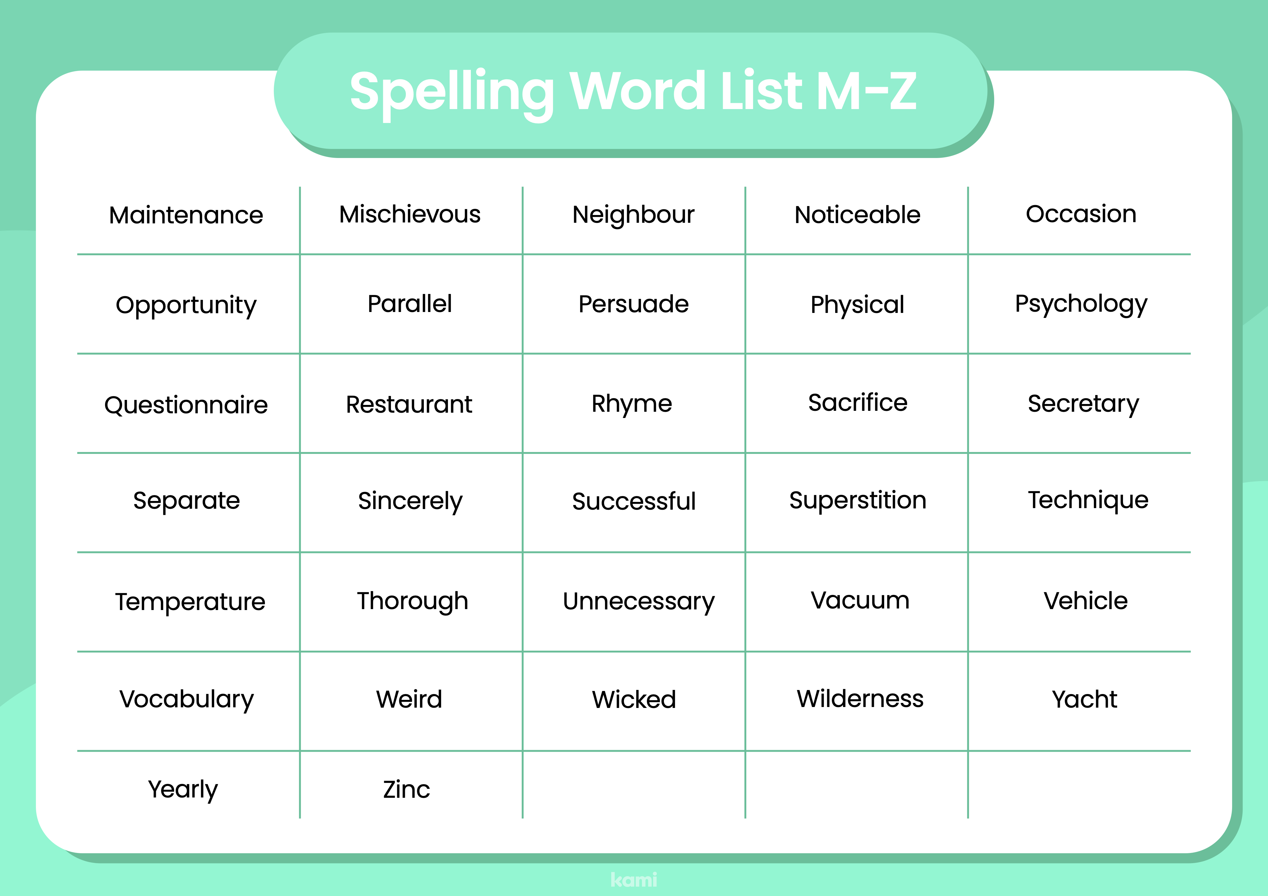 A spelling word list for year 5 and 6 students with a most common words design.