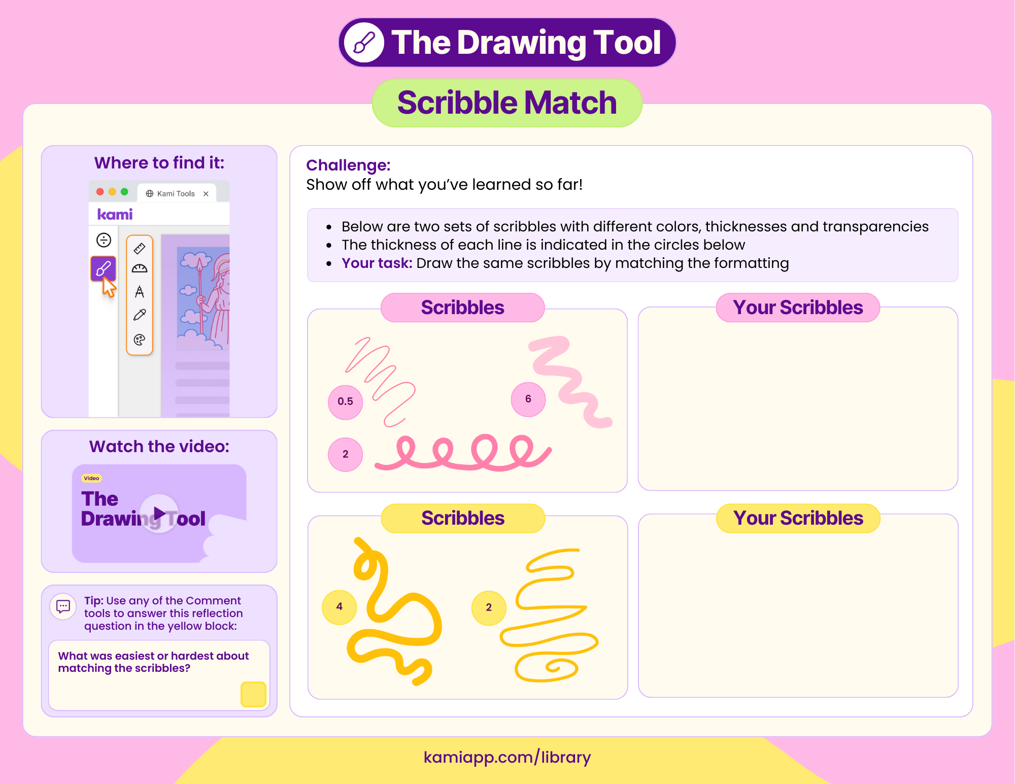 A worksheet showing two sets of scribbles with labelled line thicknesses for students to visually match
