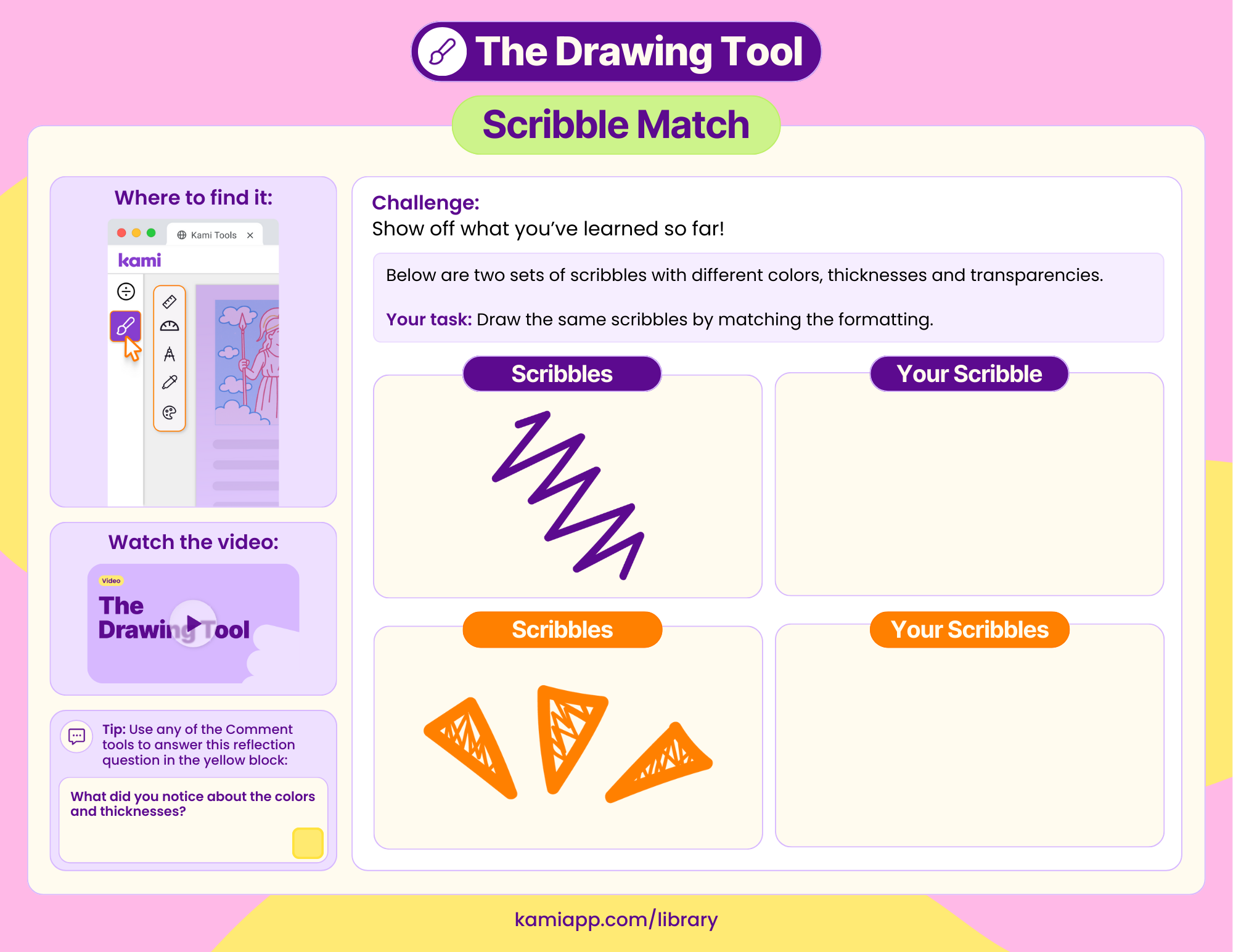 A worksheet with angled purple scribbles and filled triangle shapes for students to replicate using the Drawing Tool.