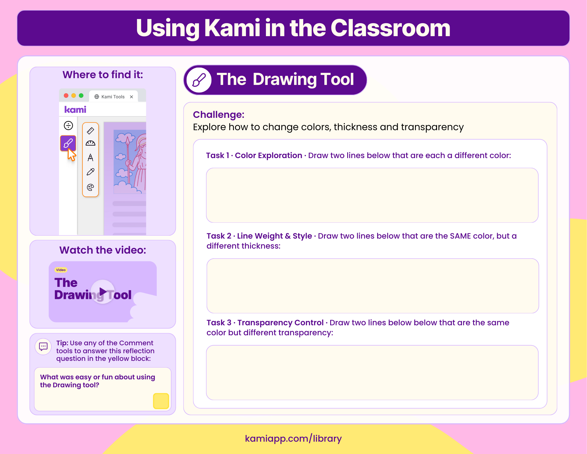 A worksheet with tasks for drawing lines in different colors, thicknesses, and transparency levels, plus a reflection prompt.