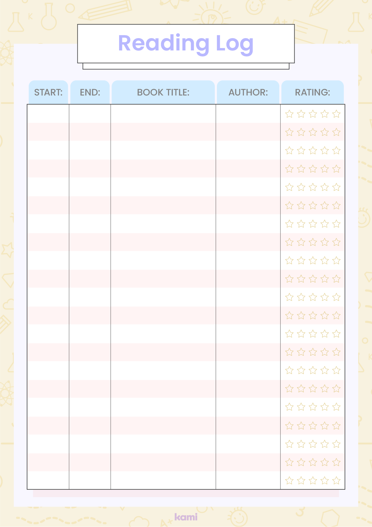 Reading Log Template Kami Library