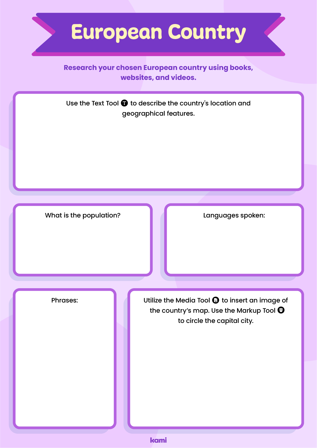 A worksheet for researching countries with a European countries prompt.