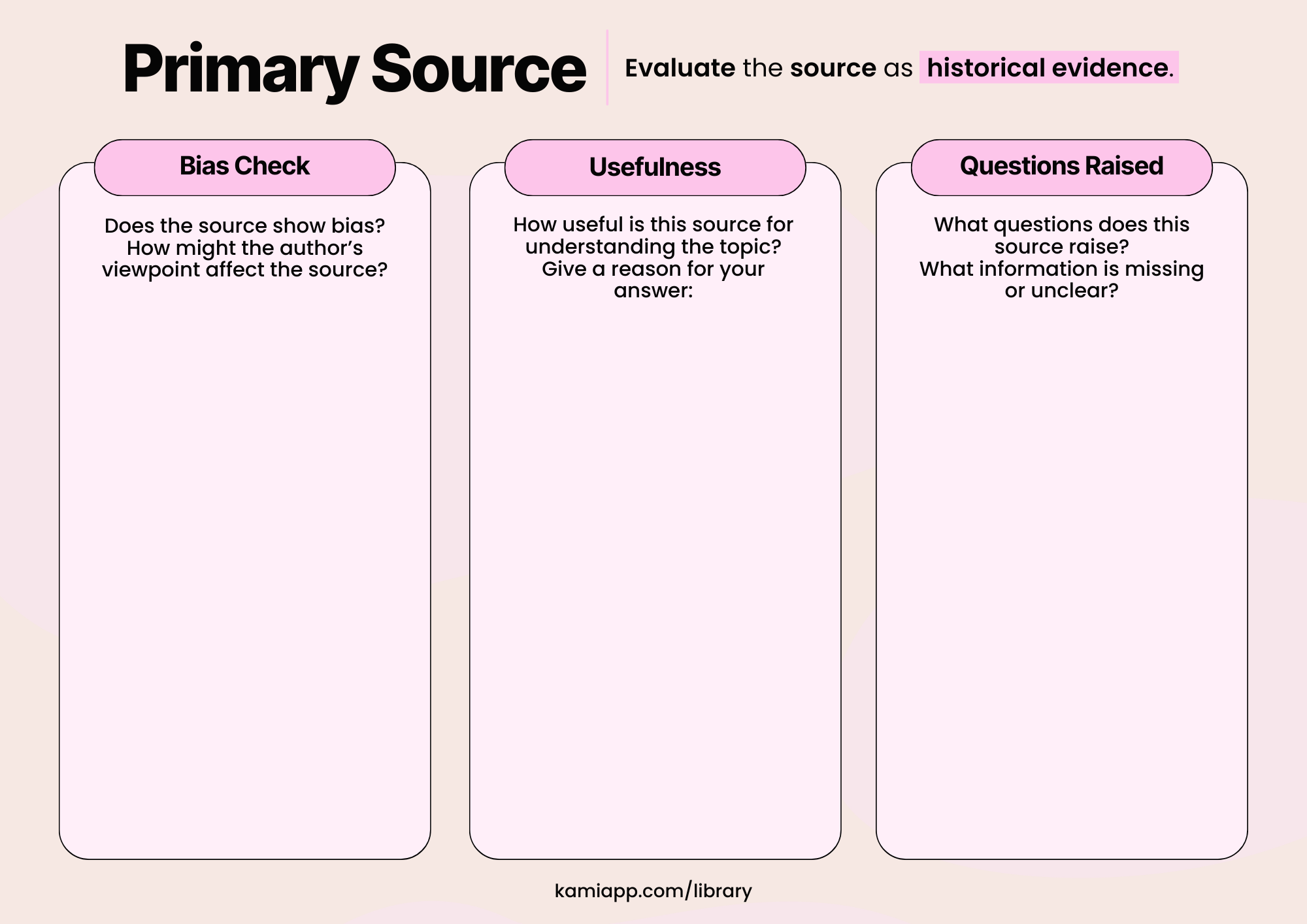 Four-page primary source analysis organiser with sections for identifying the source, summarising content, analysing author’s purpose and historical context, and evaluating bias, usefulness, and questions raised.