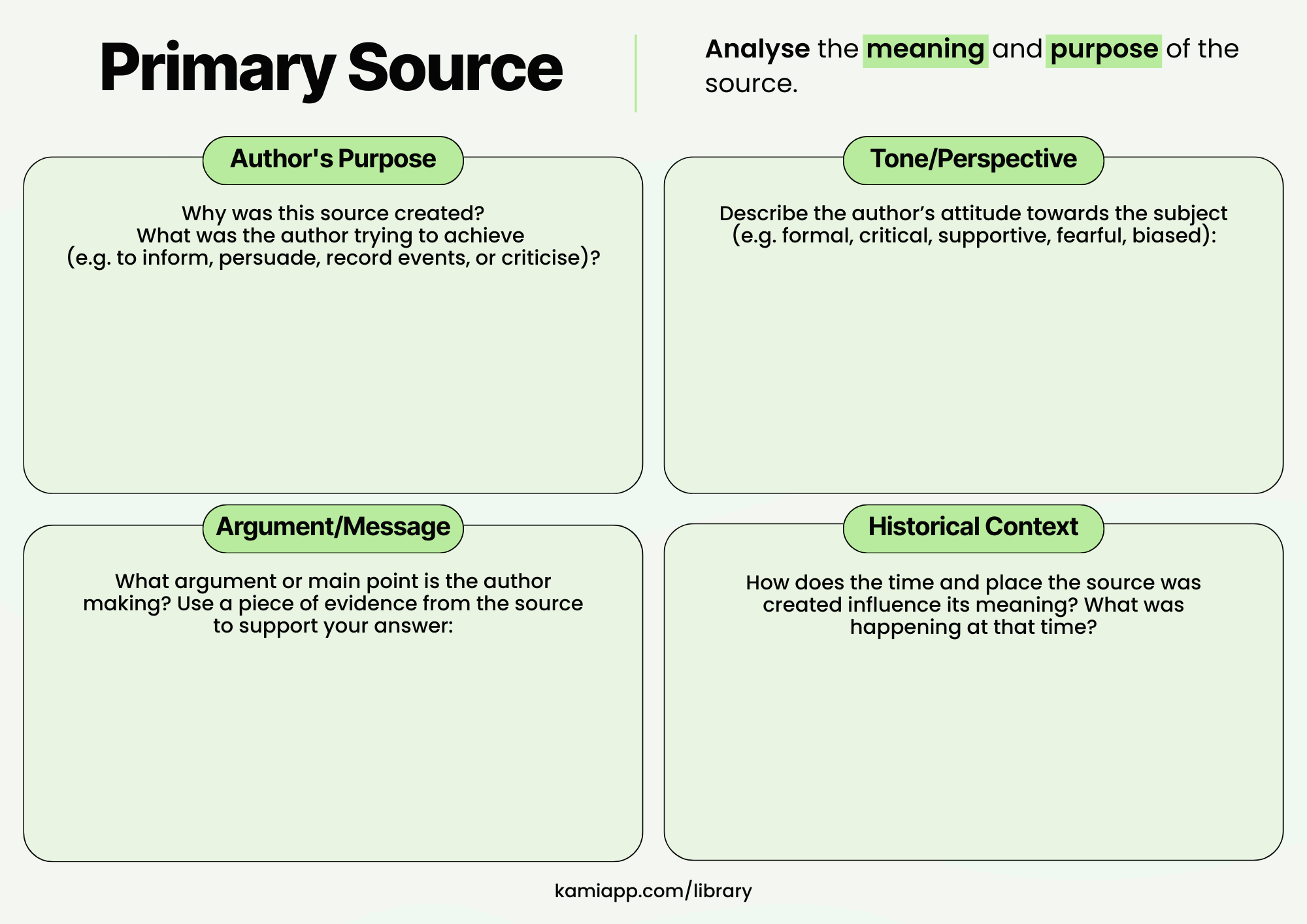 Four-page primary source analysis organiser with sections for identifying the source, summarising content, analysing author’s purpose and historical context, and evaluating bias, usefulness, and questions raised.