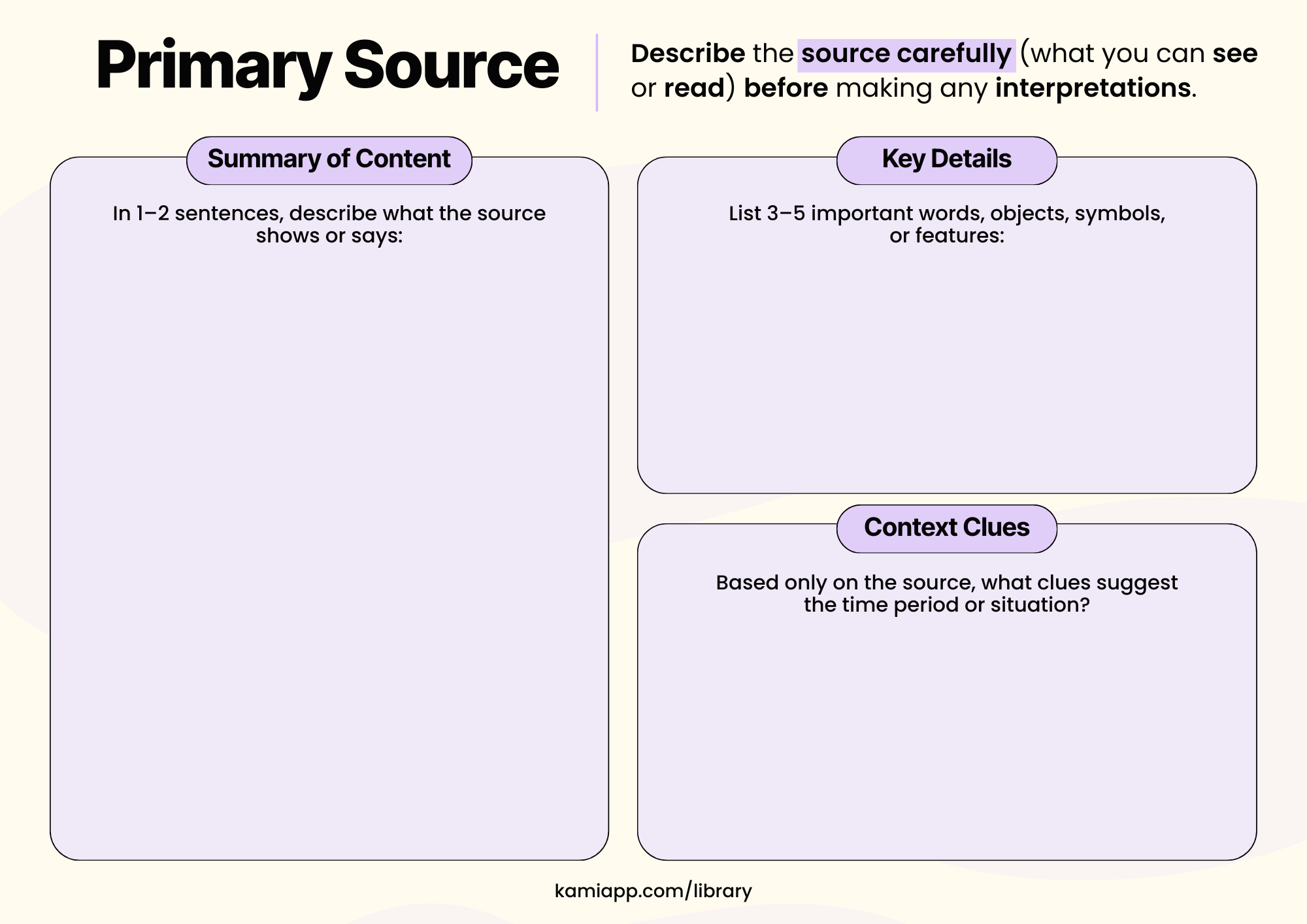 Four-page primary source analysis organiser with sections for identifying the source, summarising content, analysing author’s purpose and historical context, and evaluating bias, usefulness, and questions raised.