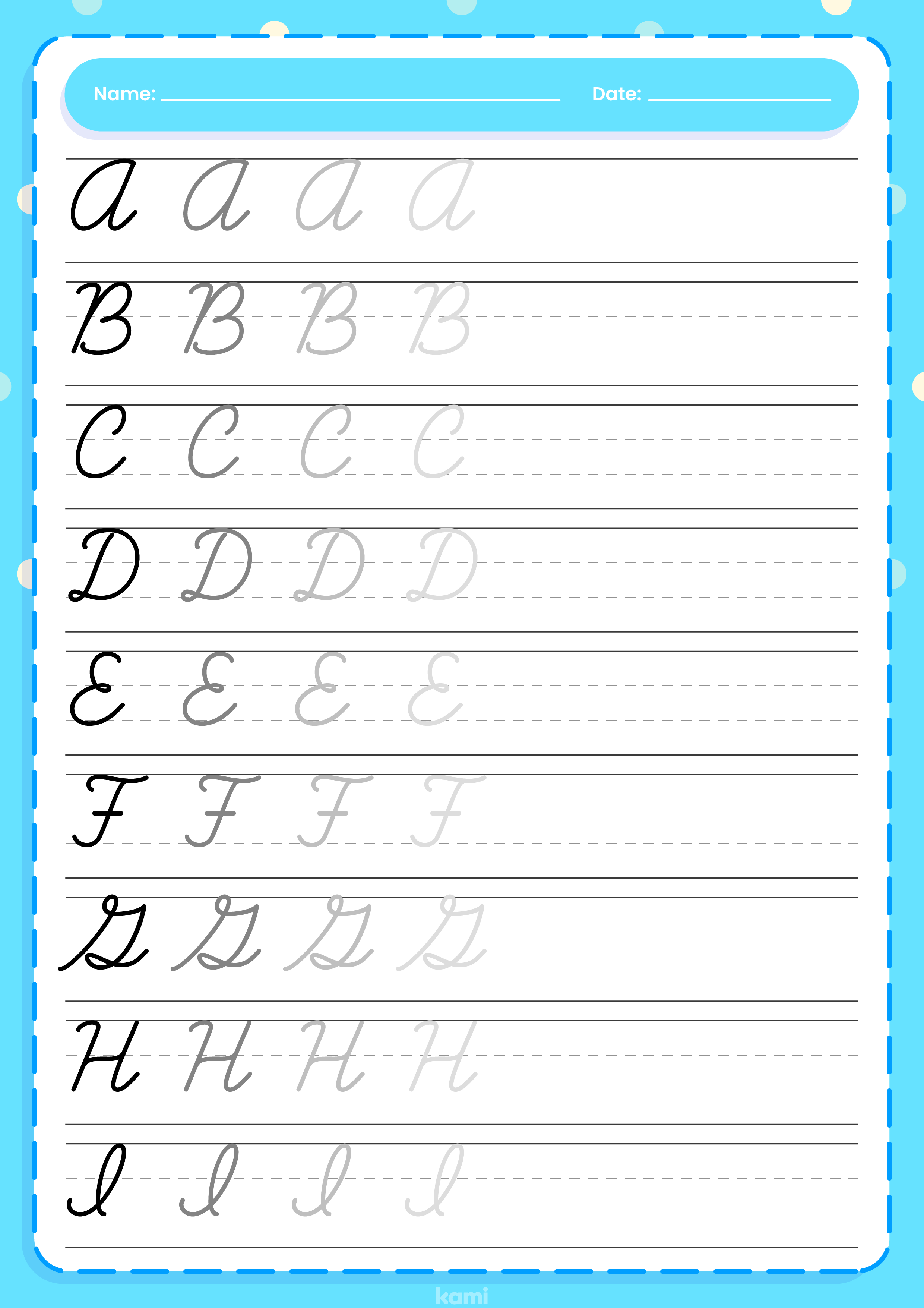A cursive handwriting worksheet for learning penmanship with a uppercase exercise.