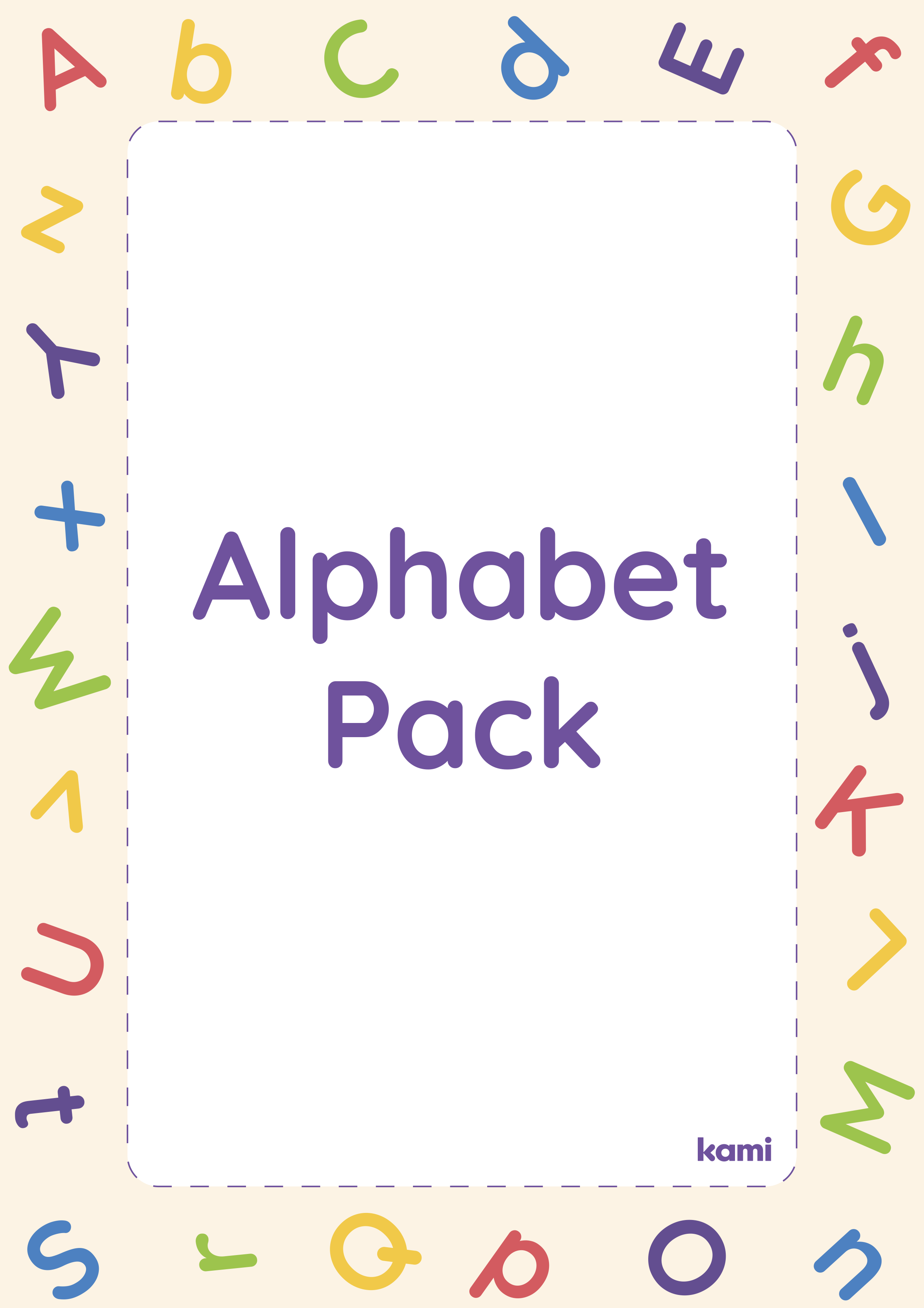 A alphabet handwriting worksheet pack for Pre-K - 1st graders with a colorful theme