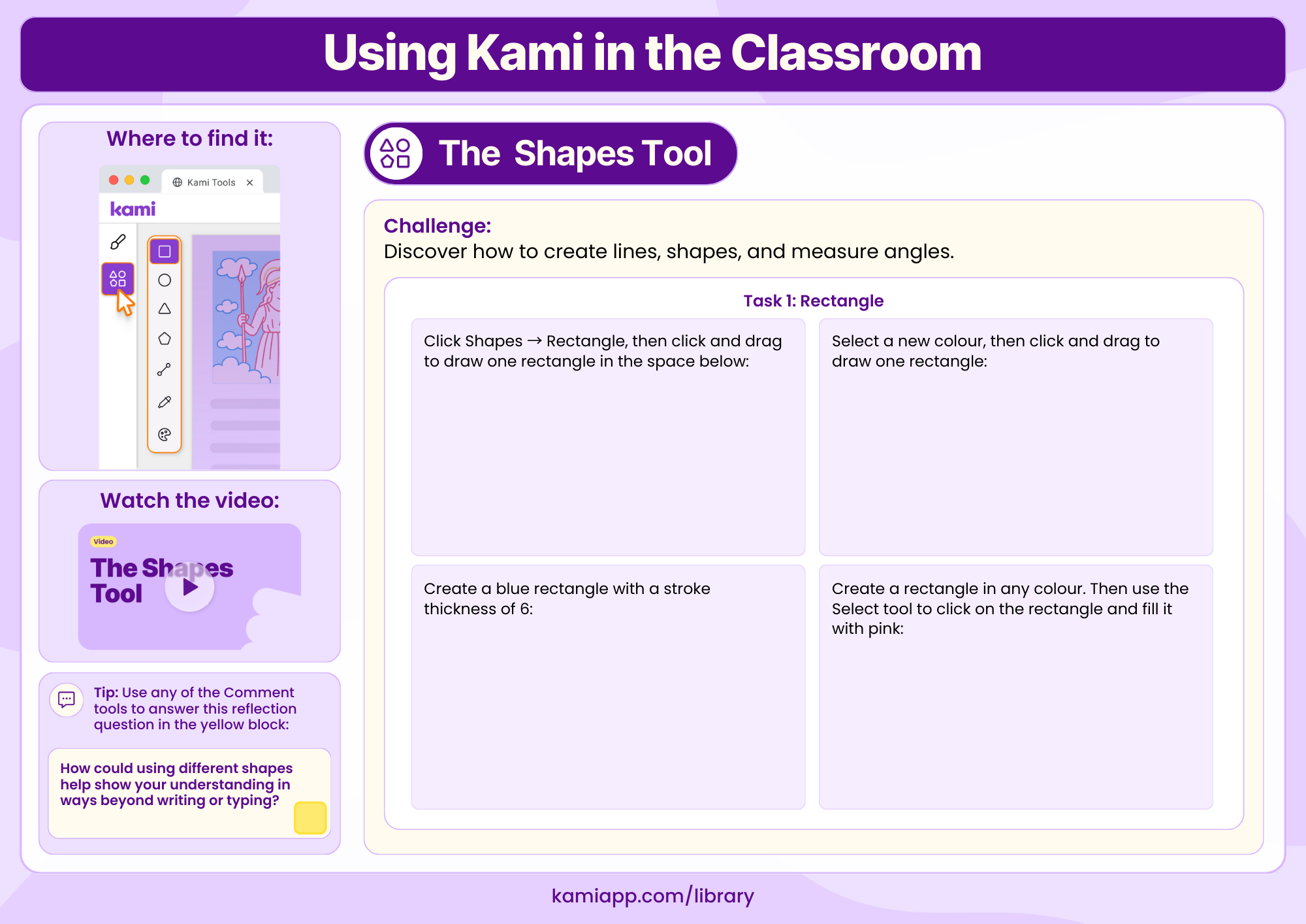 An instructional worksheet for drawing rectangles with different colours and stroke thicknesses, plus a short reflection prompt. 