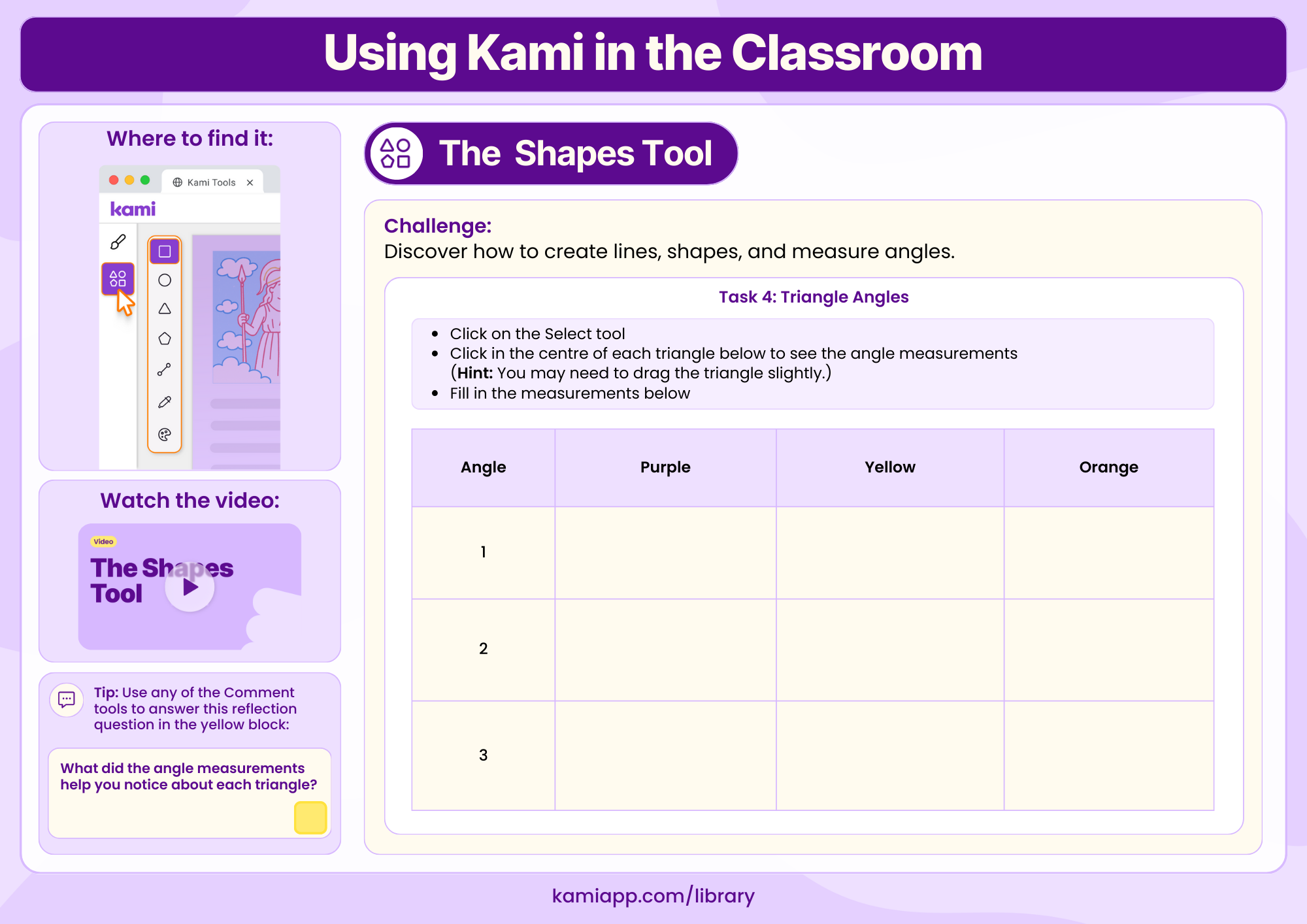 A worksheet displaying three triangles and a table for entering angle measurements.
