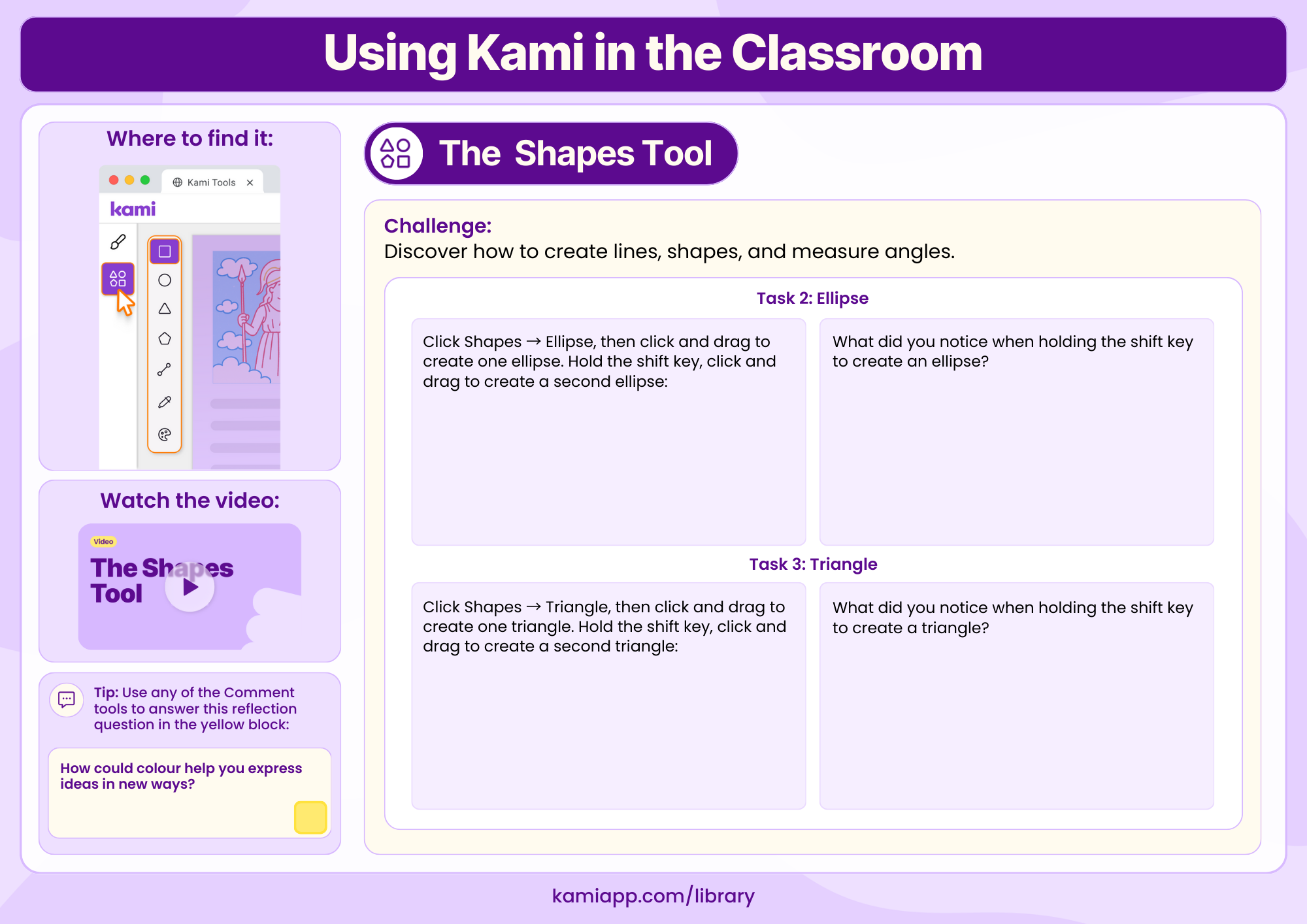 A worksheet with activities to create ellipses and triangles, observing differences when the shift key is used.
