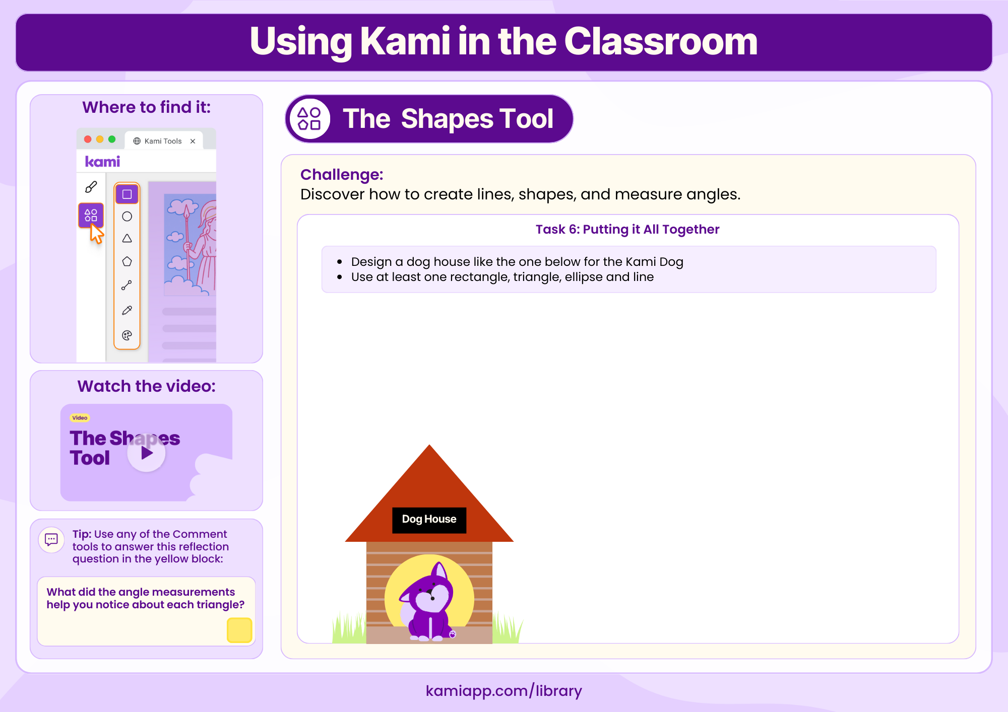 A worksheet showing a dog house example and a space to design a house using multiple shapes.