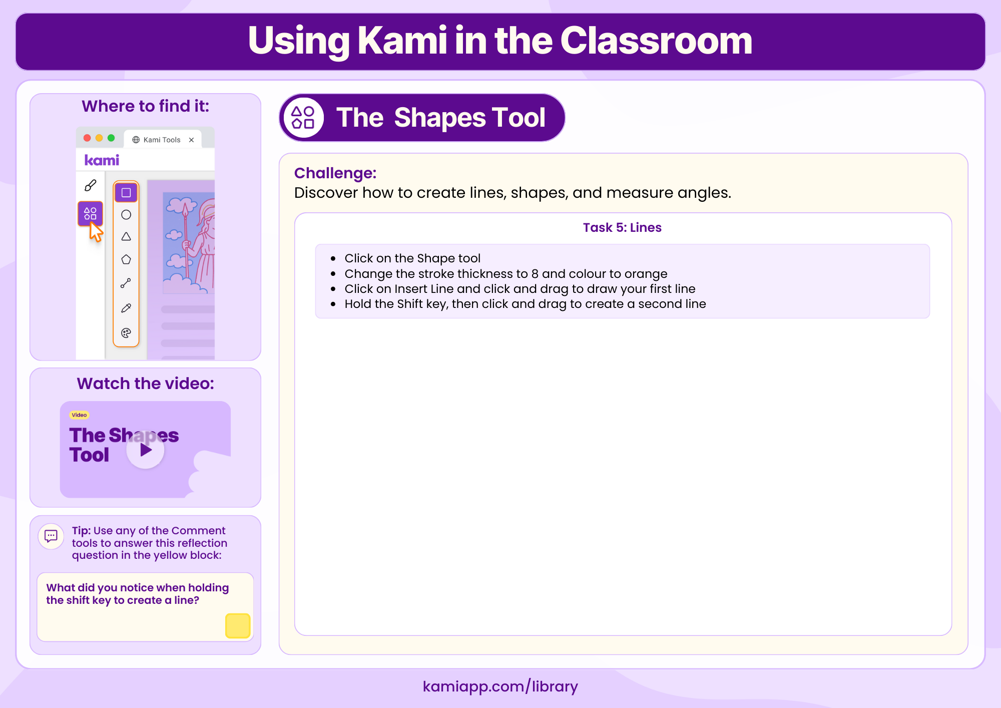 A worksheet for drawing straight lines and noticing changes while holding the shift key.