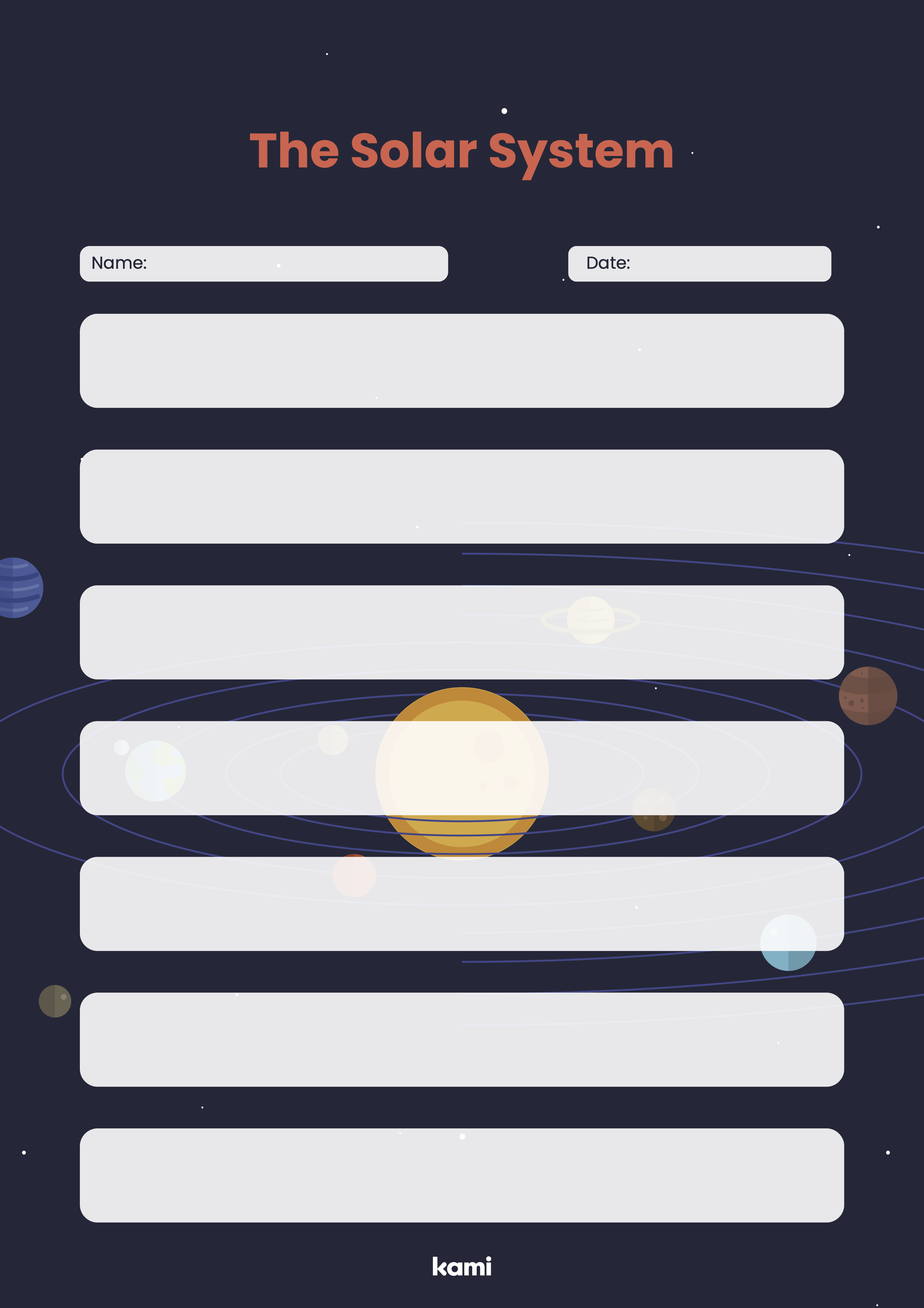 A solar system worksheet for 4th-8th graders with a blank design.