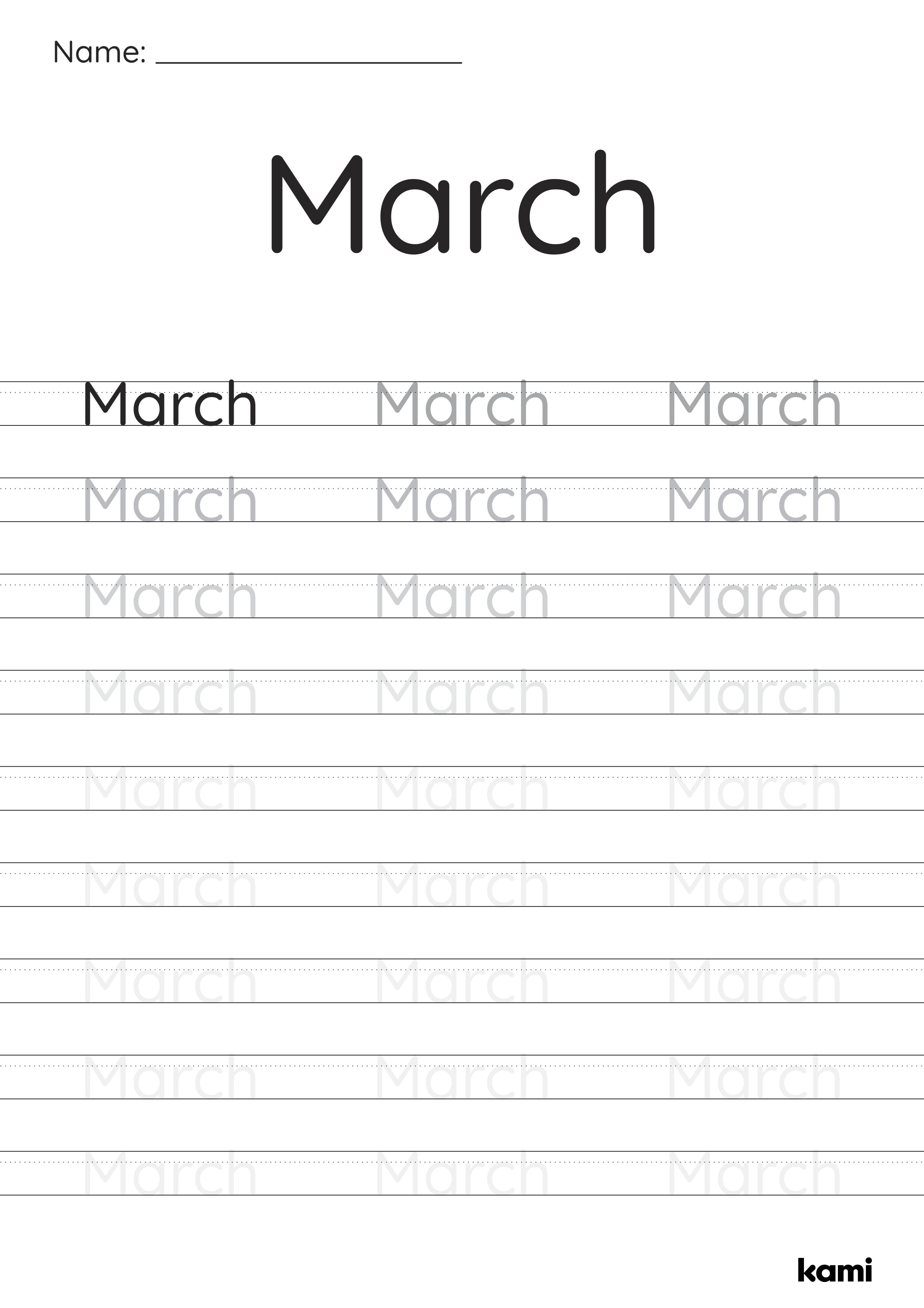 A handwriting worksheet for Pre-K - 1st graders with a March design