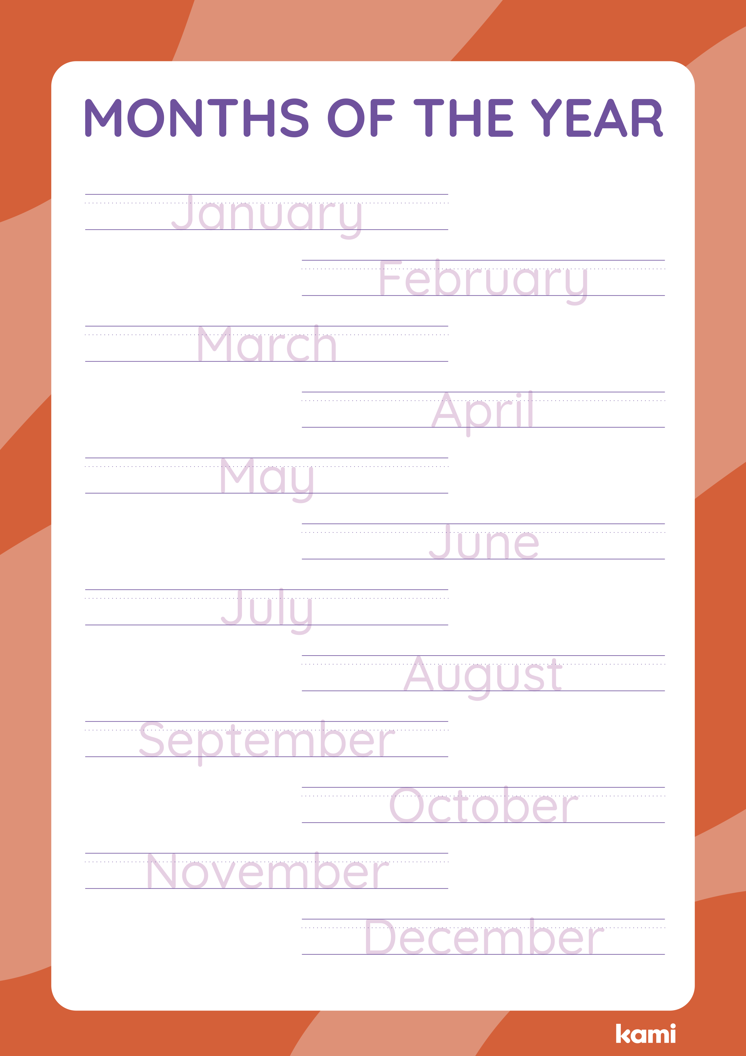 A handwriting worksheet for Pre-K - 1st graders with a months of the year theme