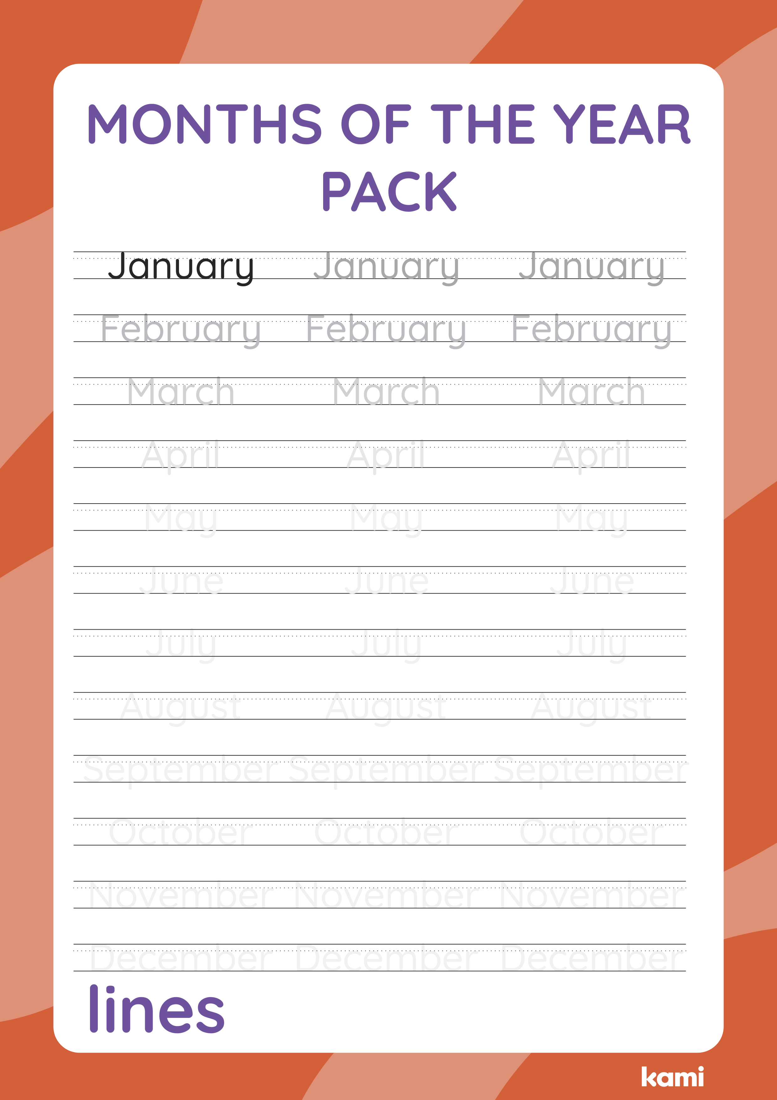 A months handwriting pack for Pre-K - 3rd graders with a lines design