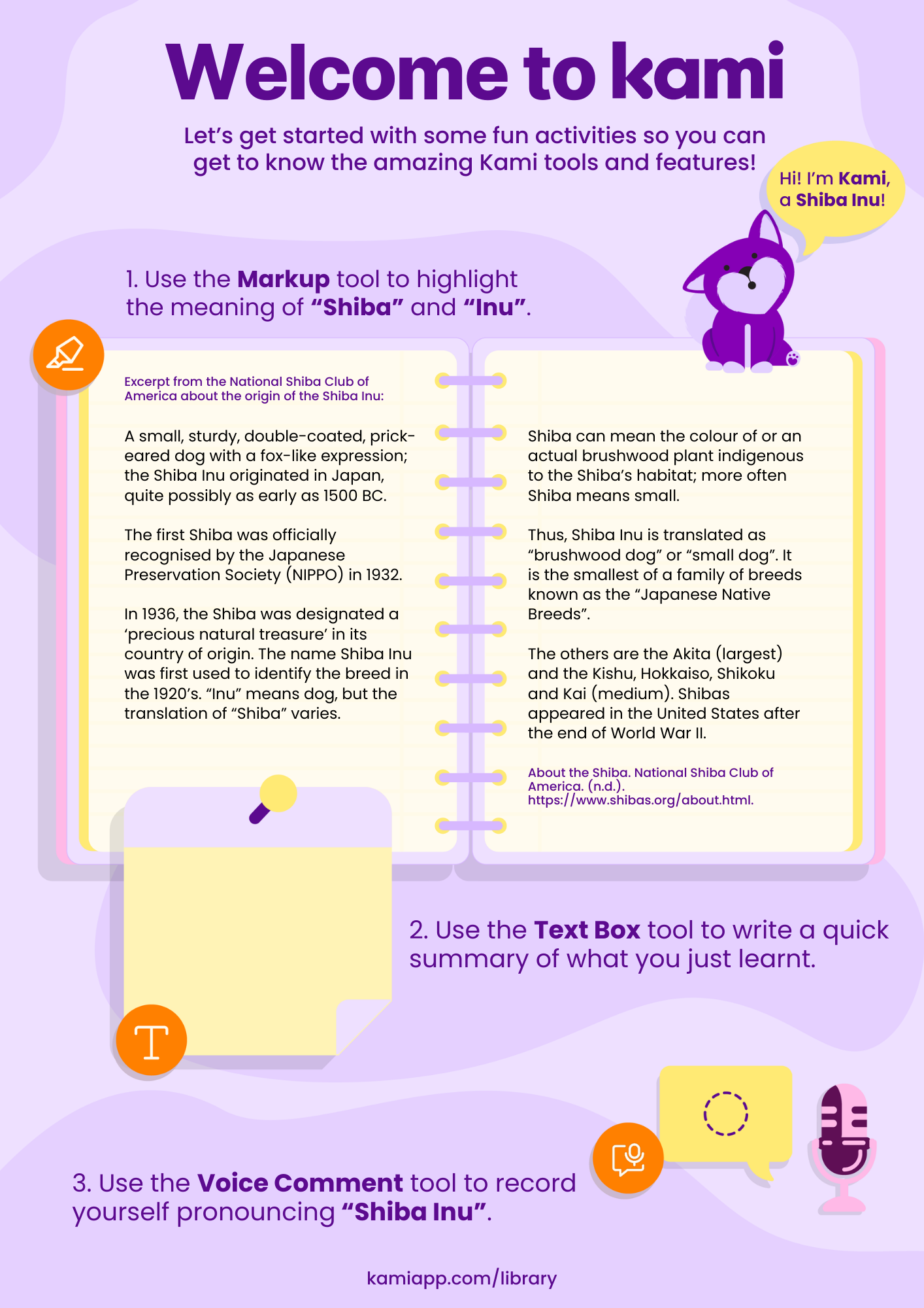 A beginner Kami activity page for primary pupils with simple graphics showing how to use the Text Box, Markup, and Comment tools. 