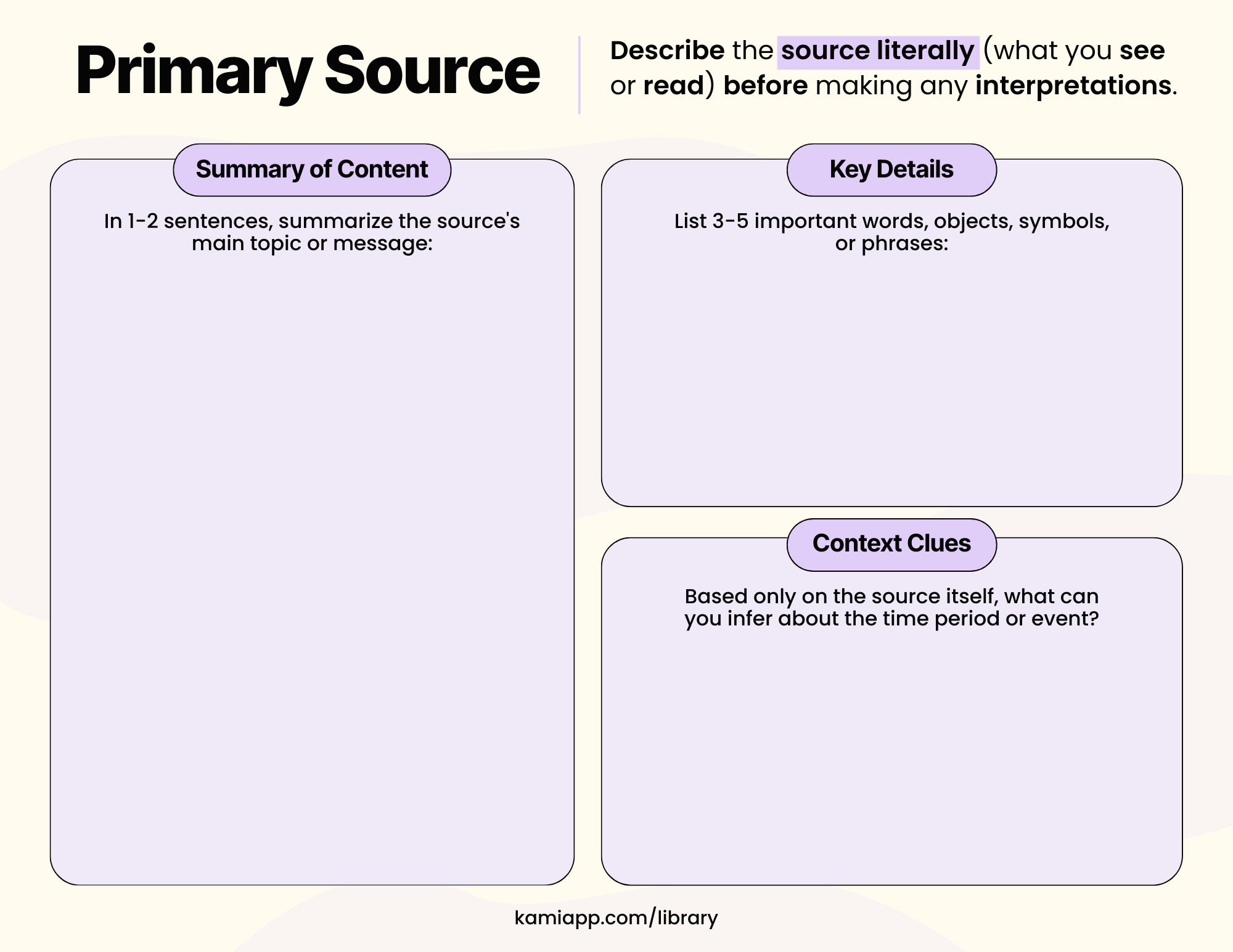 Four-page primary source analysis organizer with sections for identifying the source, summarizing content, analysing author’s purpose and historical context, and evaluating bias, usefulness, and questions raised.