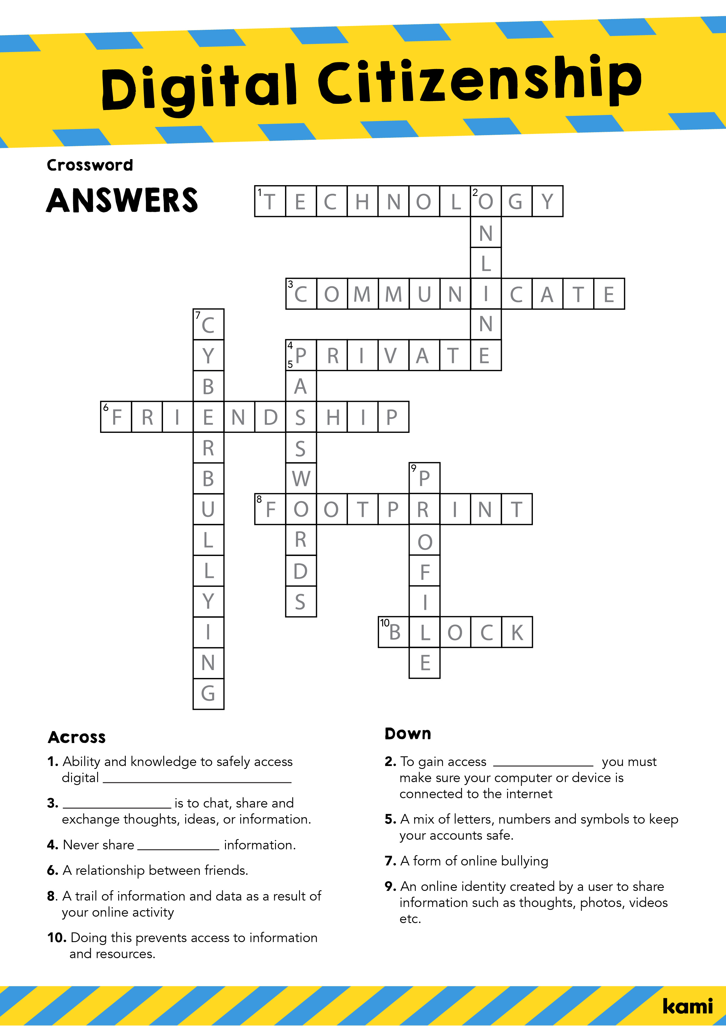 Digital Citizenship Week Crossword Answer Key for Teachers Perfect