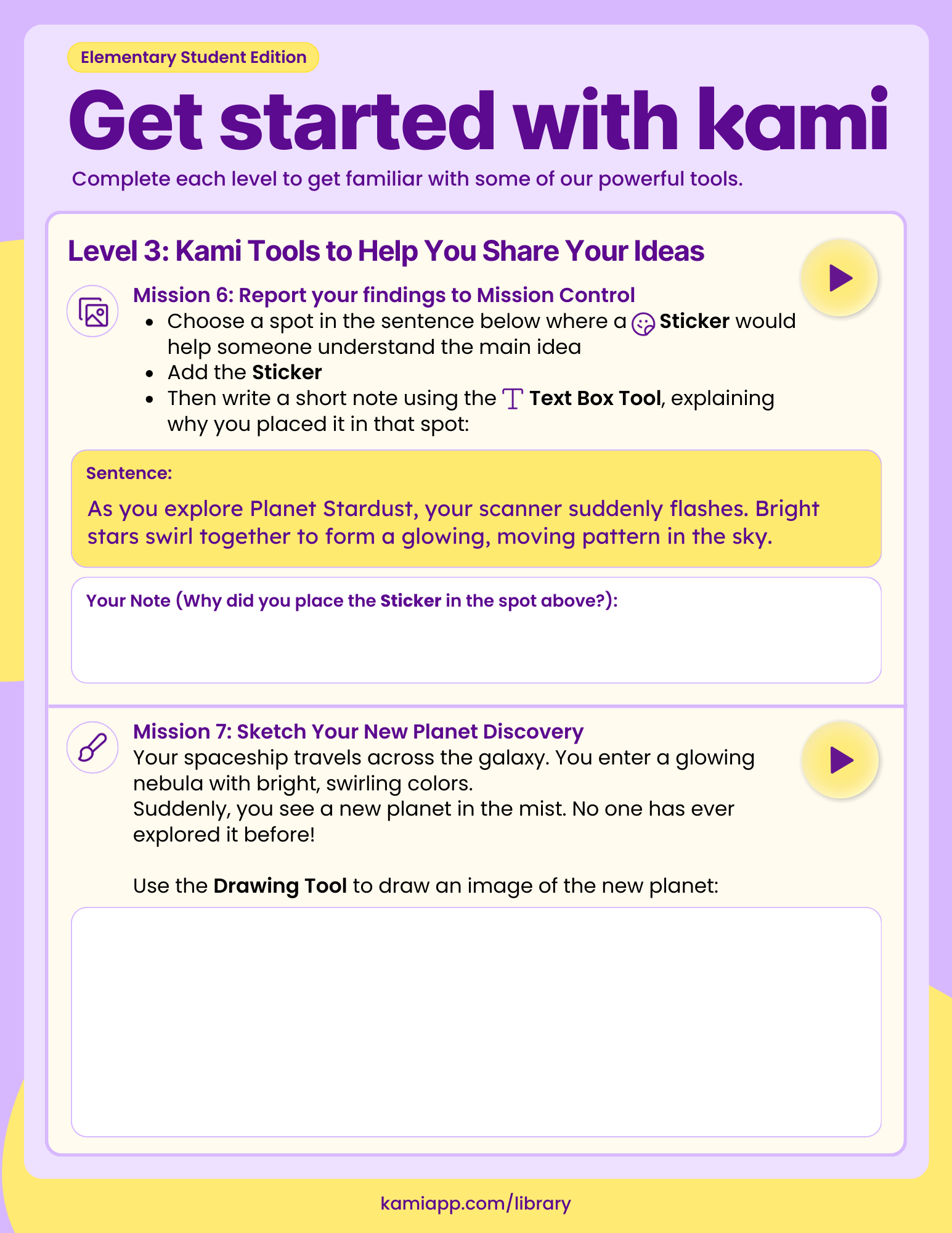 A creative expression page with two missions. Mission 6 asks students to choose a place in a sentence where a Sticker would support understanding and explain the placement with a Text Box note. Mission 7 asks students to draw a newly discovered planet using the Drawing Tool, inspired by a nebula scene described above.