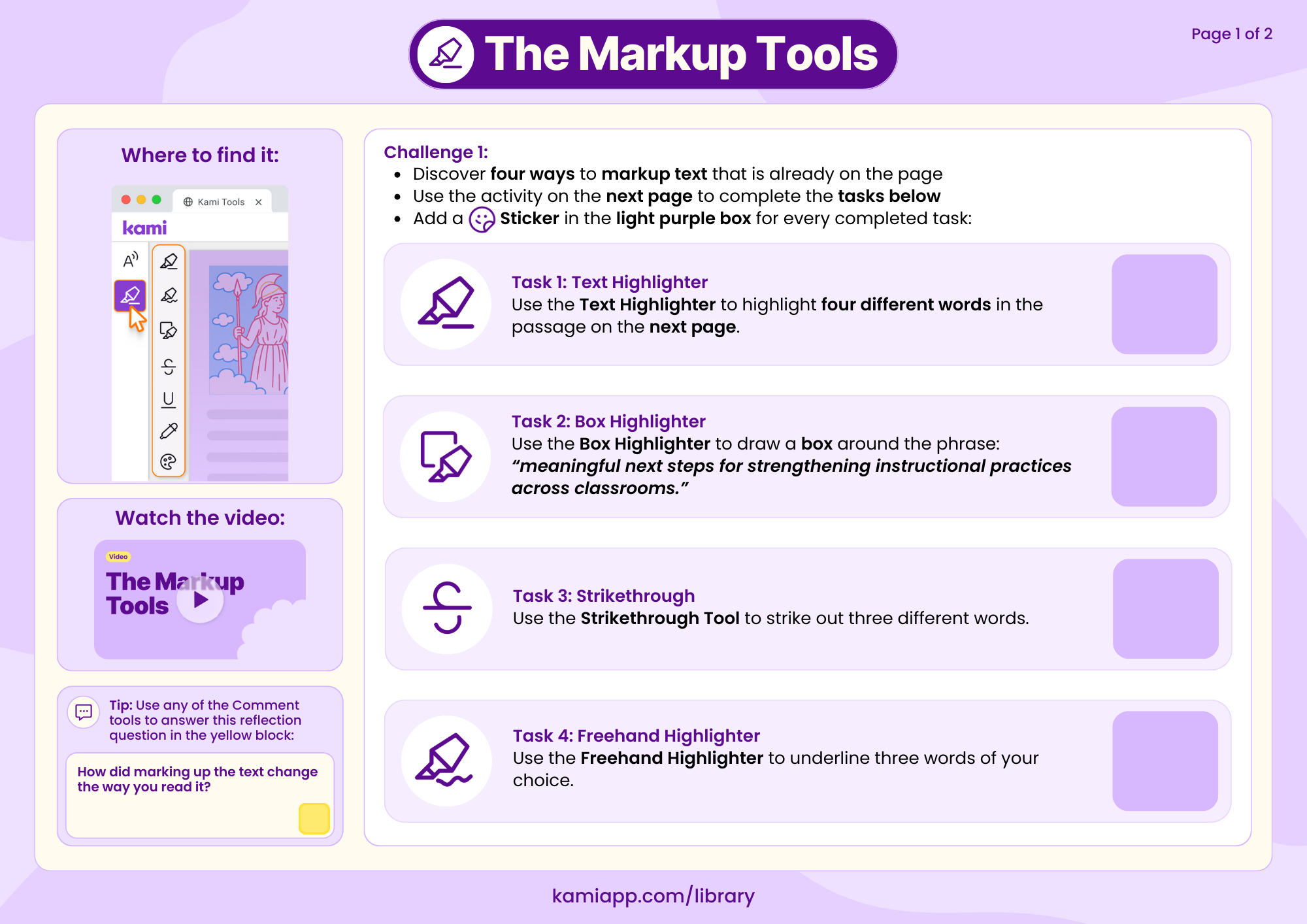 An instructional worksheet for practising text highlighting, drawing a box, striking out words, and freehand underlining; includes a reflection question.
