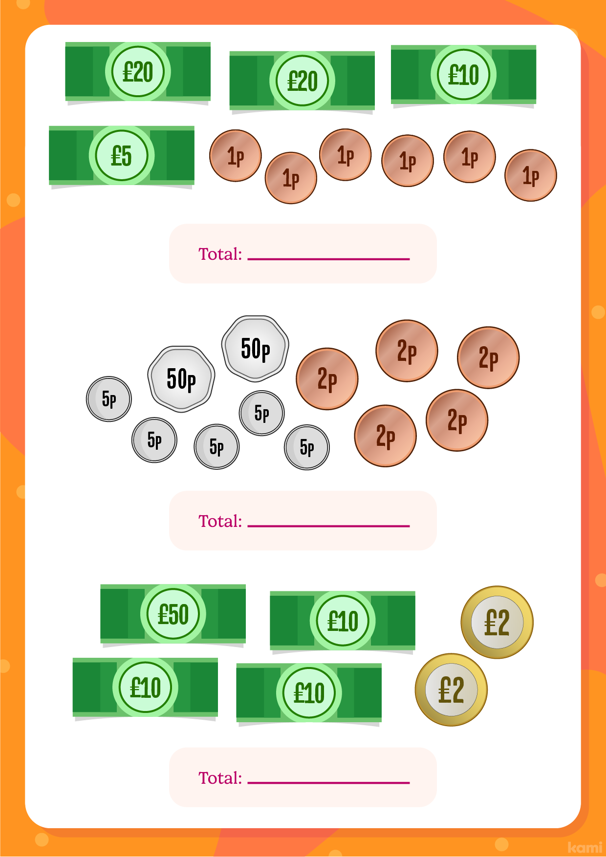 A money counting worksheet for counting money with a GBP design.