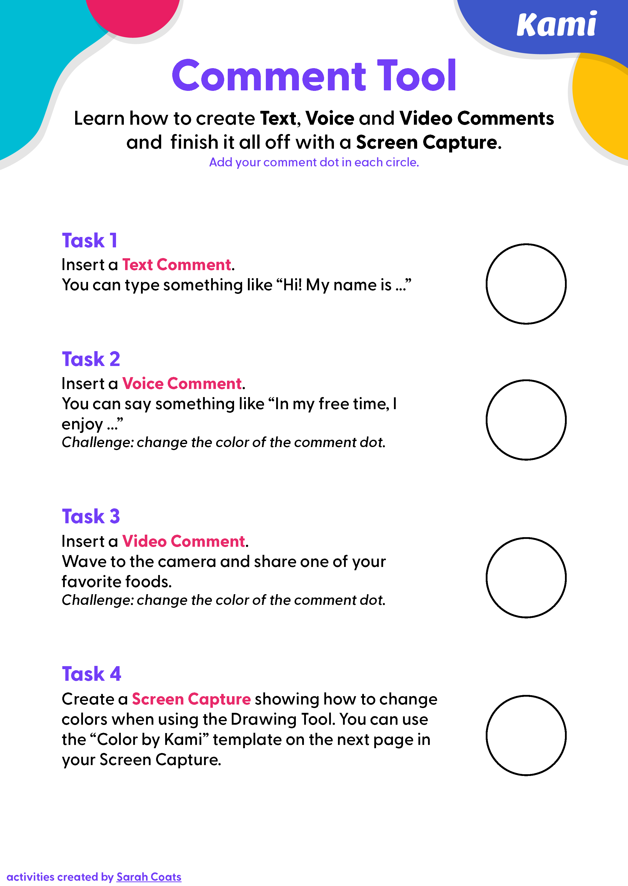 A worksheet for kids with a variety of Kami tools to be used