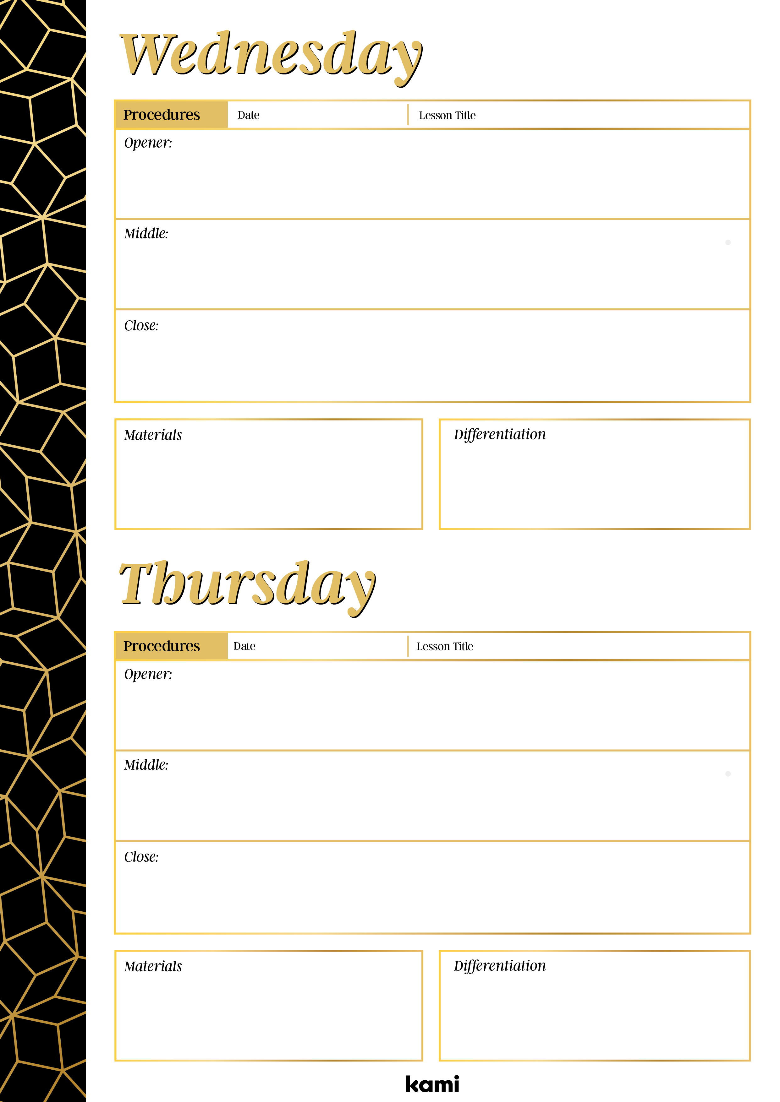 A Weekly Overview Lesson Plan for Teachers with a Black & Gold Theme